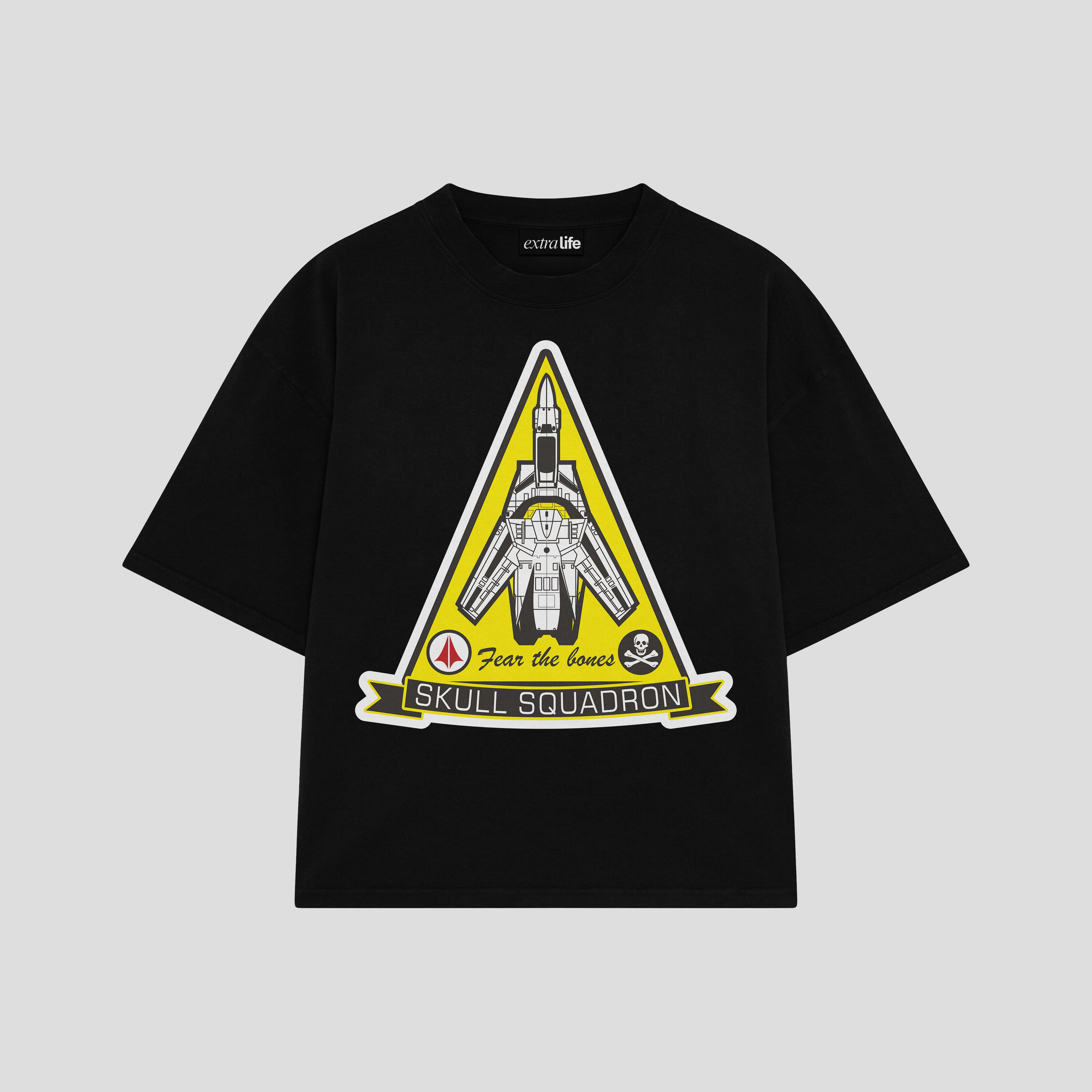 Playera streetwear premium de anime y gaming ExtraLife MX, corte boxy oversized drop shoulder heavyweight en color Deep Black y Off-White, moda urbana mexicana de culto.