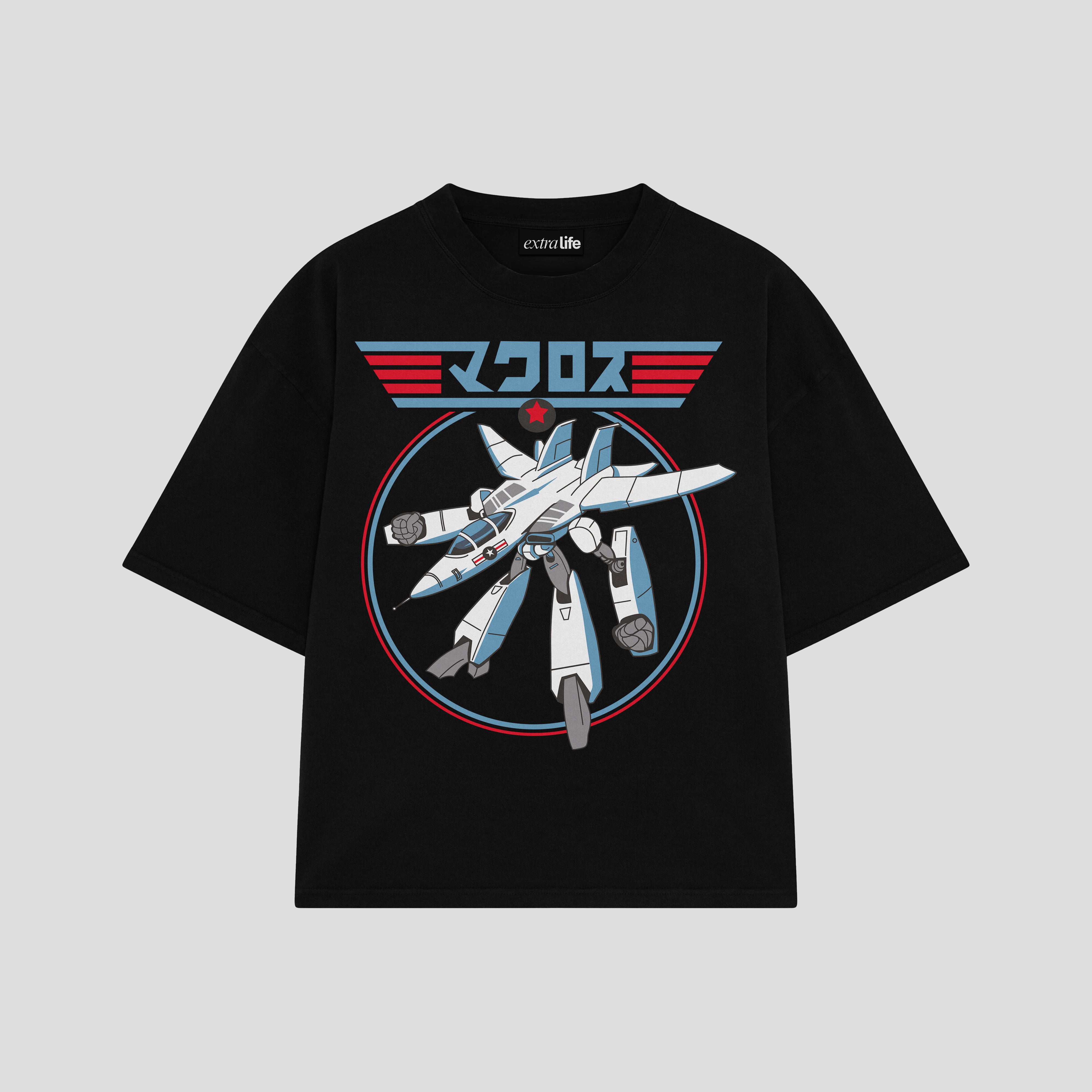 Playera streetwear premium de anime y gaming ExtraLife MX, corte boxy oversized drop shoulder heavyweight en color Deep Black y Off-White, moda urbana mexicana de culto.