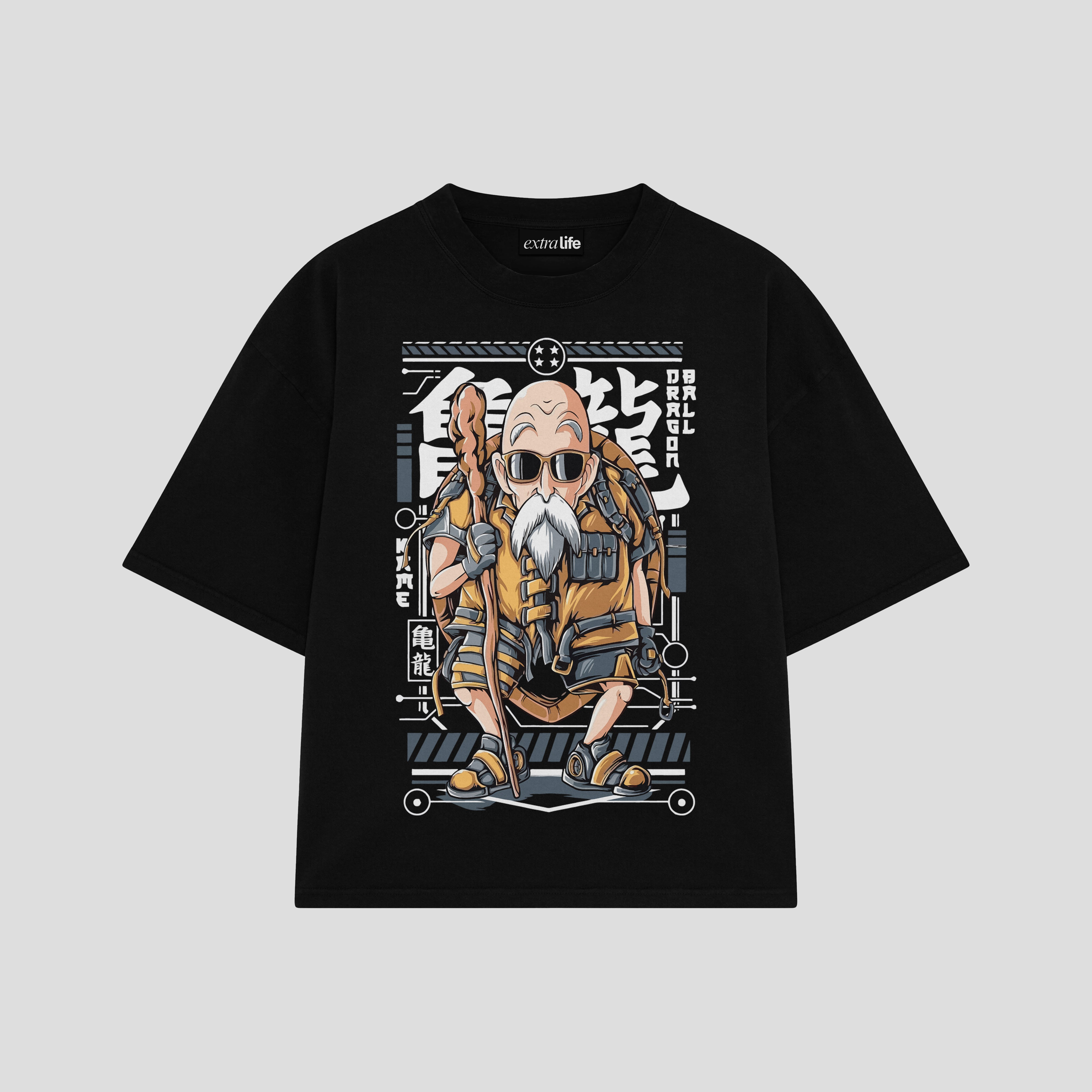 Playera streetwear premium de anime y gaming ExtraLife MX, corte boxy oversized drop shoulder heavyweight en color Deep Black y Off-White, moda urbana mexicana de culto.