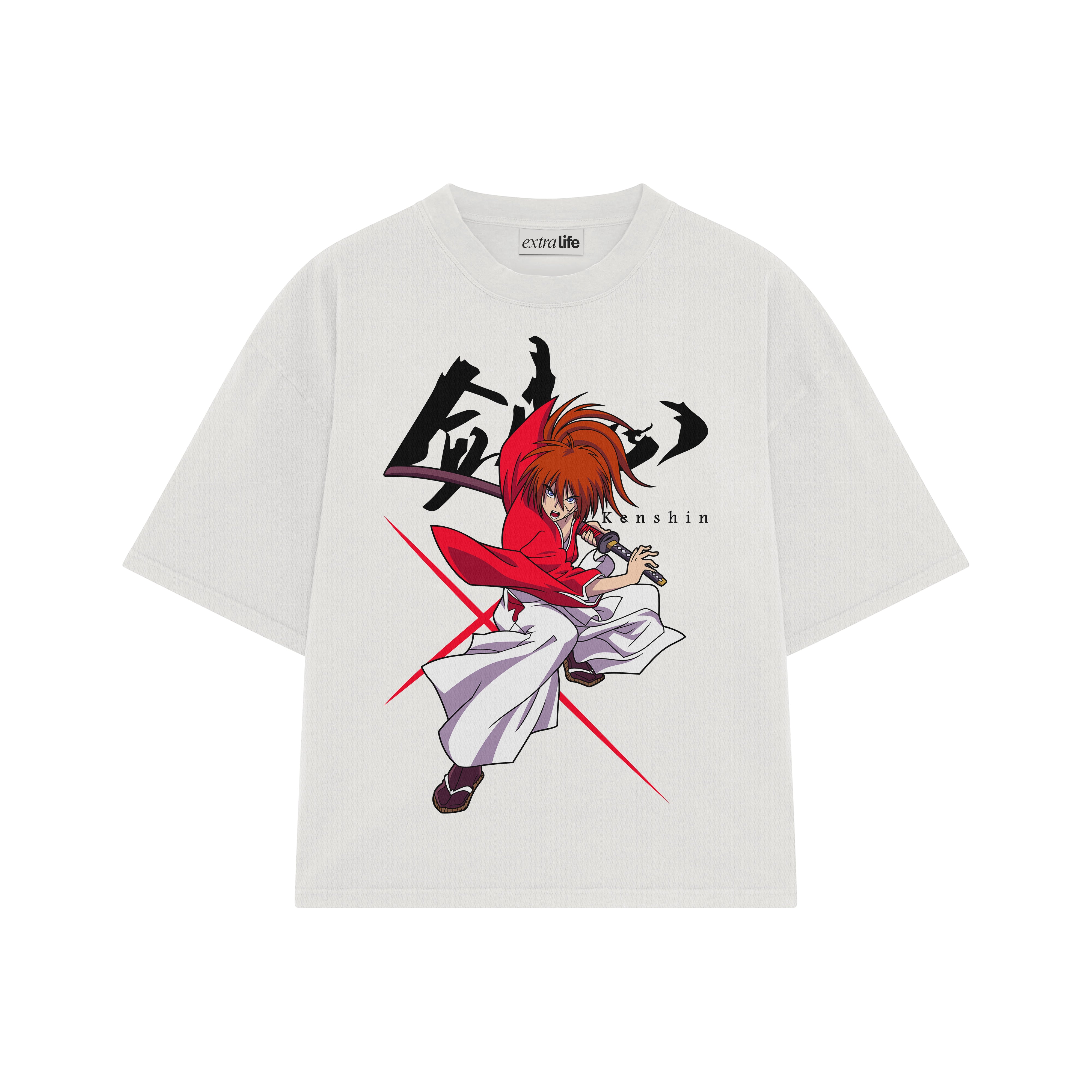 Playera streetwear premium de anime y gaming ExtraLife MX, corte boxy oversized drop shoulder heavyweight en color Deep Black y Off-White, moda urbana mexicana de culto.