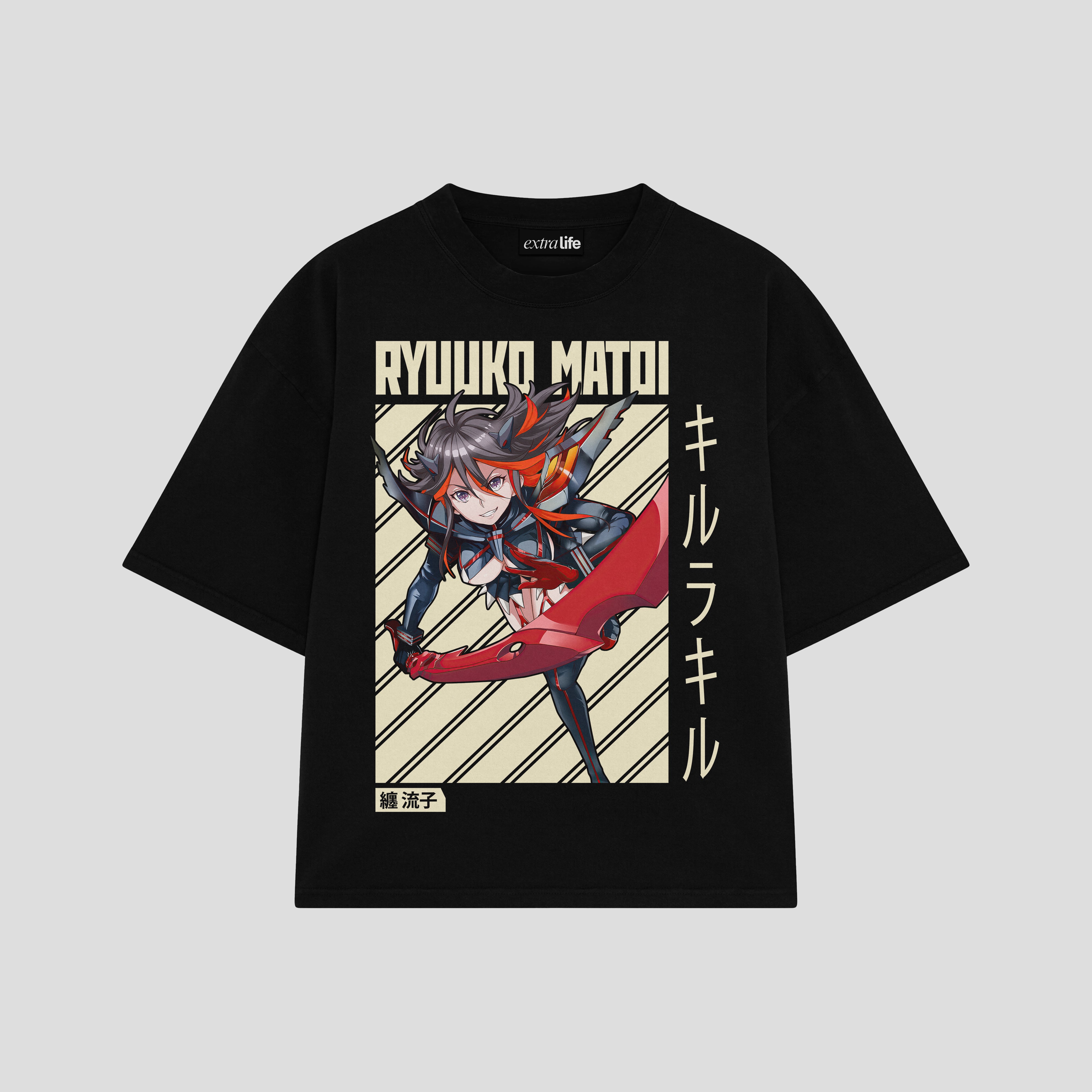 Playera streetwear premium de anime y gaming ExtraLife MX, corte boxy oversized drop shoulder heavyweight en color Deep Black y Off-White, moda urbana mexicana de culto.