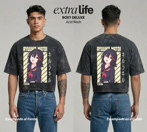 Playera streetwear premium de anime y gaming ExtraLife MX, corte boxy deluxe mineral wash heavyweight en color Acid Wash, moda urbana mexicana de culto.