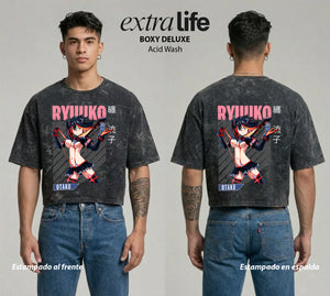 Playera streetwear premium de anime y gaming ExtraLife MX, corte boxy deluxe mineral wash heavyweight en color Acid Wash, moda urbana mexicana de culto.
