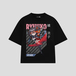 Playera streetwear premium de anime y gaming ExtraLife MX, corte boxy oversized drop shoulder heavyweight en color Deep Black y Off-White, moda urbana mexicana de culto.