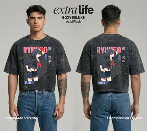 Playera streetwear premium de anime y gaming ExtraLife MX, corte boxy deluxe mineral wash heavyweight en color Acid Wash, moda urbana mexicana de culto.