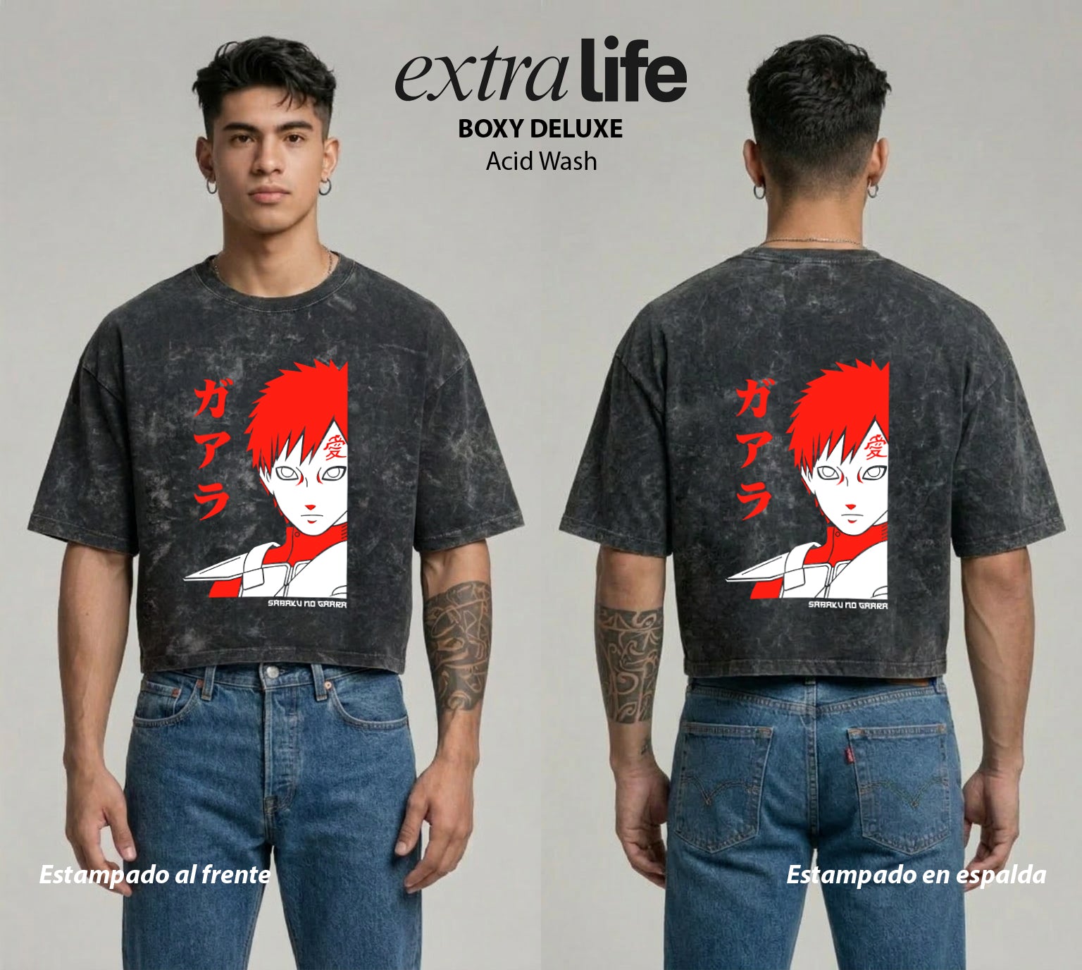 Playera streetwear premium de anime y gaming ExtraLife MX, corte boxy deluxe mineral wash heavyweight en color Acid Wash, moda urbana mexicana de culto.