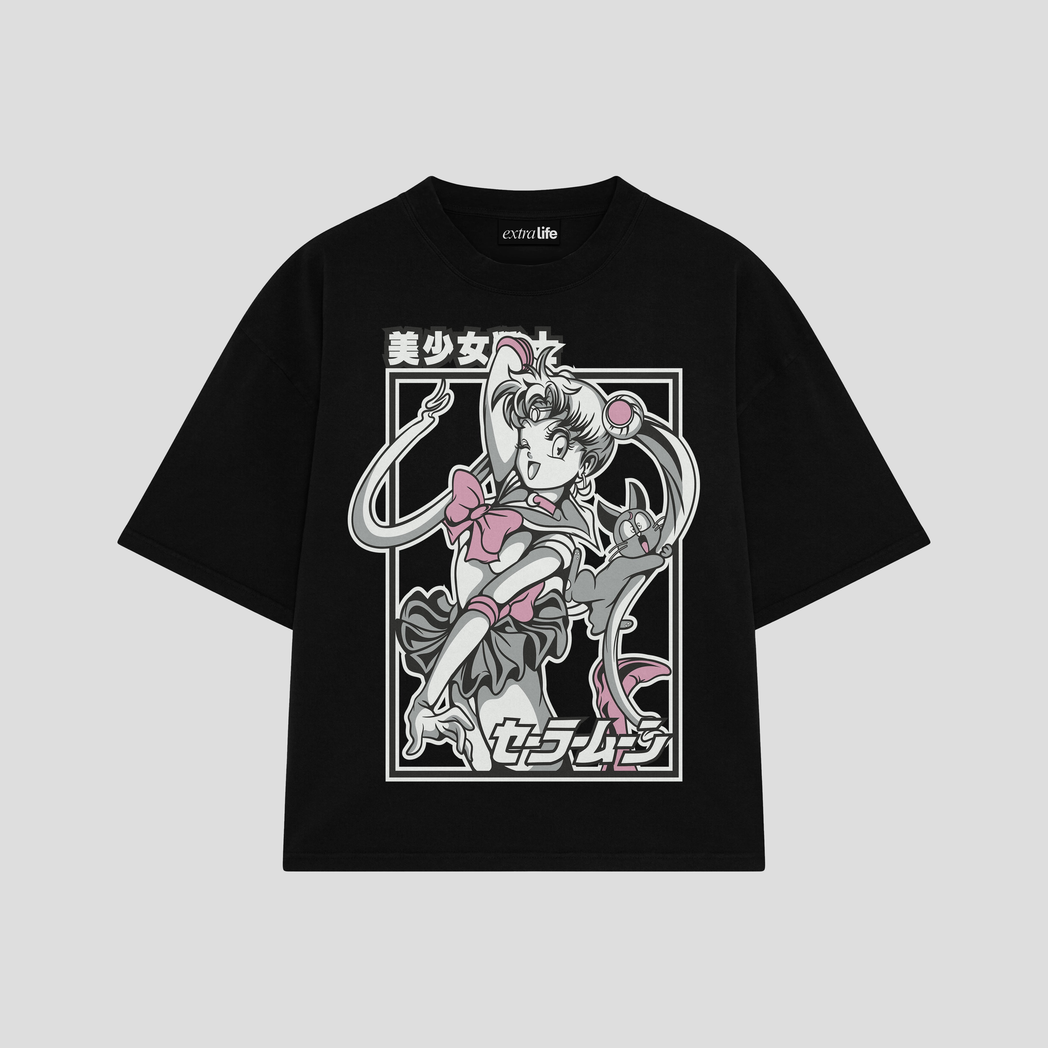 Playera streetwear premium de anime y gaming ExtraLife MX, corte boxy oversized drop shoulder heavyweight en color Deep Black y Off-White, moda urbana mexicana de culto.