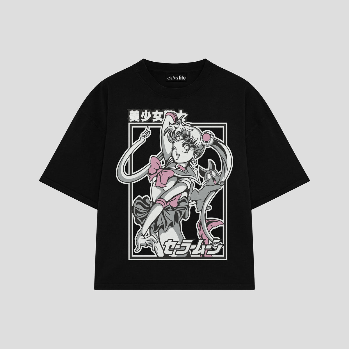 Playera streetwear premium de anime y gaming ExtraLife MX, corte oversized drop shoulder ligero y fresco en color Deep Black y Off-White, moda urbana mexicana de culto.