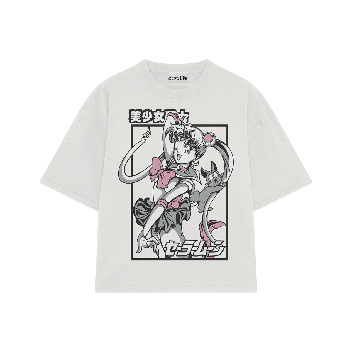 Playera streetwear premium de anime y gaming ExtraLife MX, corte oversized drop shoulder ligero y fresco en color Deep Black y Off-White, moda urbana mexicana de culto.