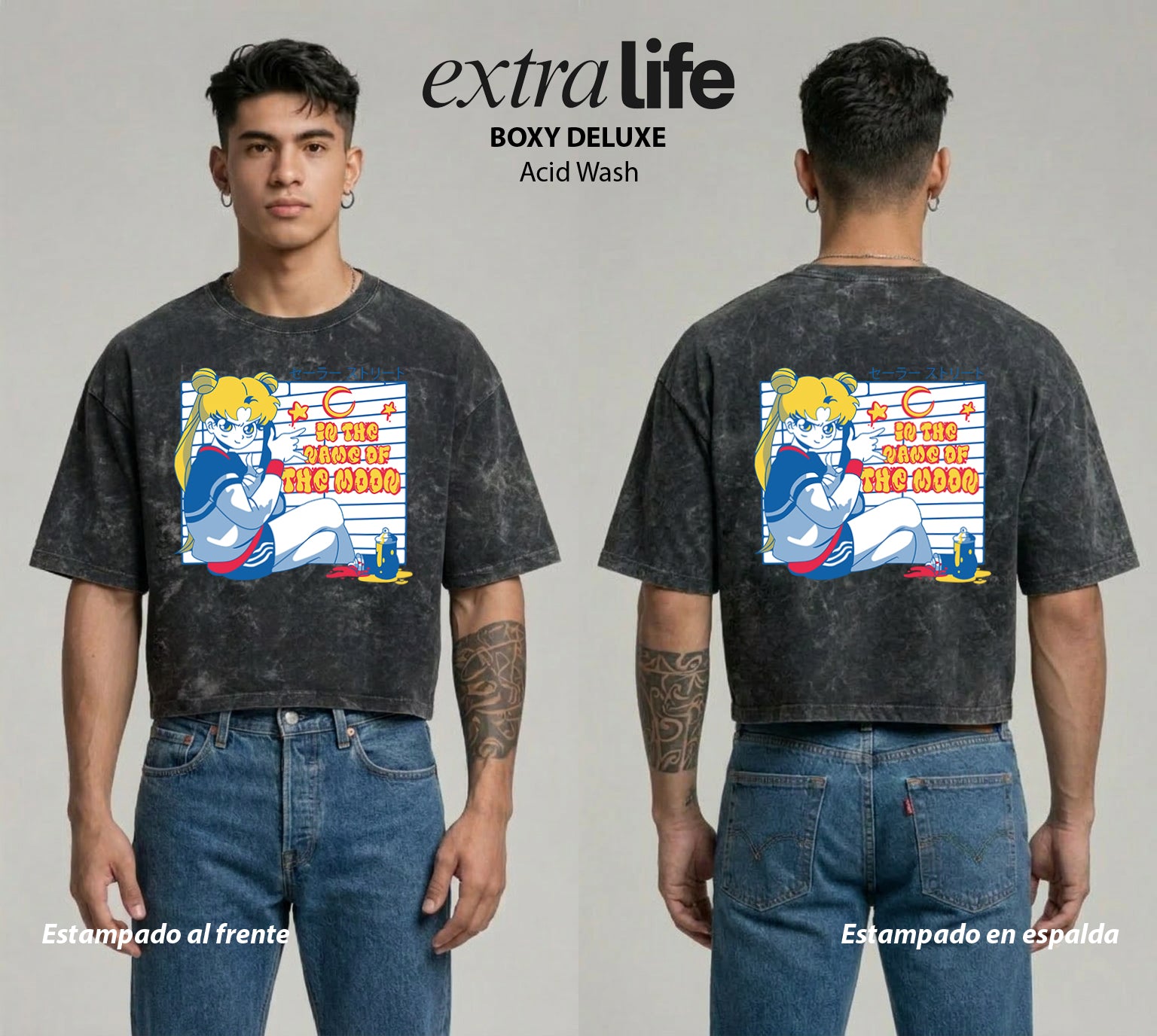 Playera streetwear premium de anime y gaming ExtraLife MX, corte boxy deluxe mineral wash heavyweight en color Acid Wash, moda urbana mexicana de culto.