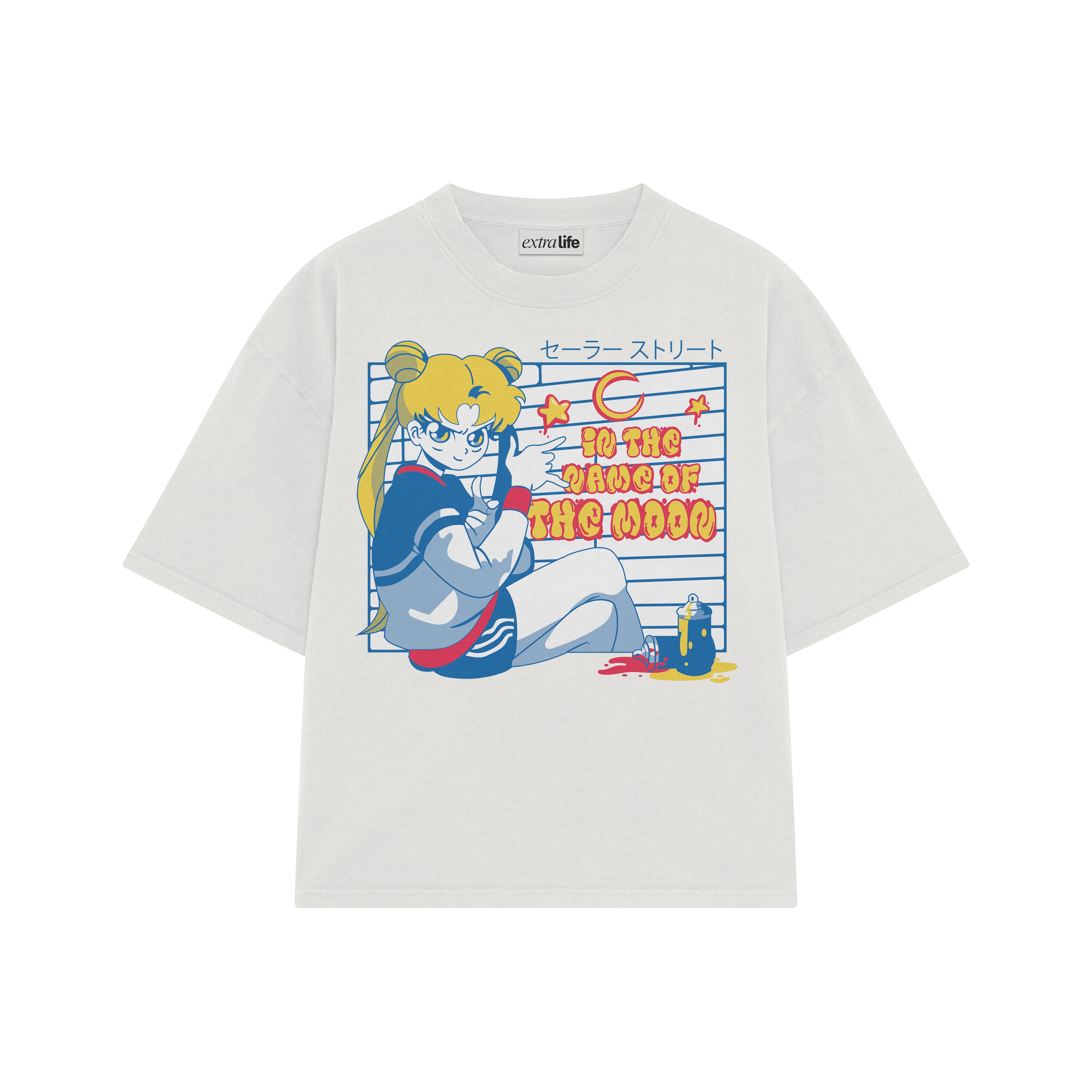 Playera streetwear premium de anime y gaming ExtraLife MX, corte boxy oversized drop shoulder heavyweight en color Deep Black y Off-White, moda urbana mexicana de culto.