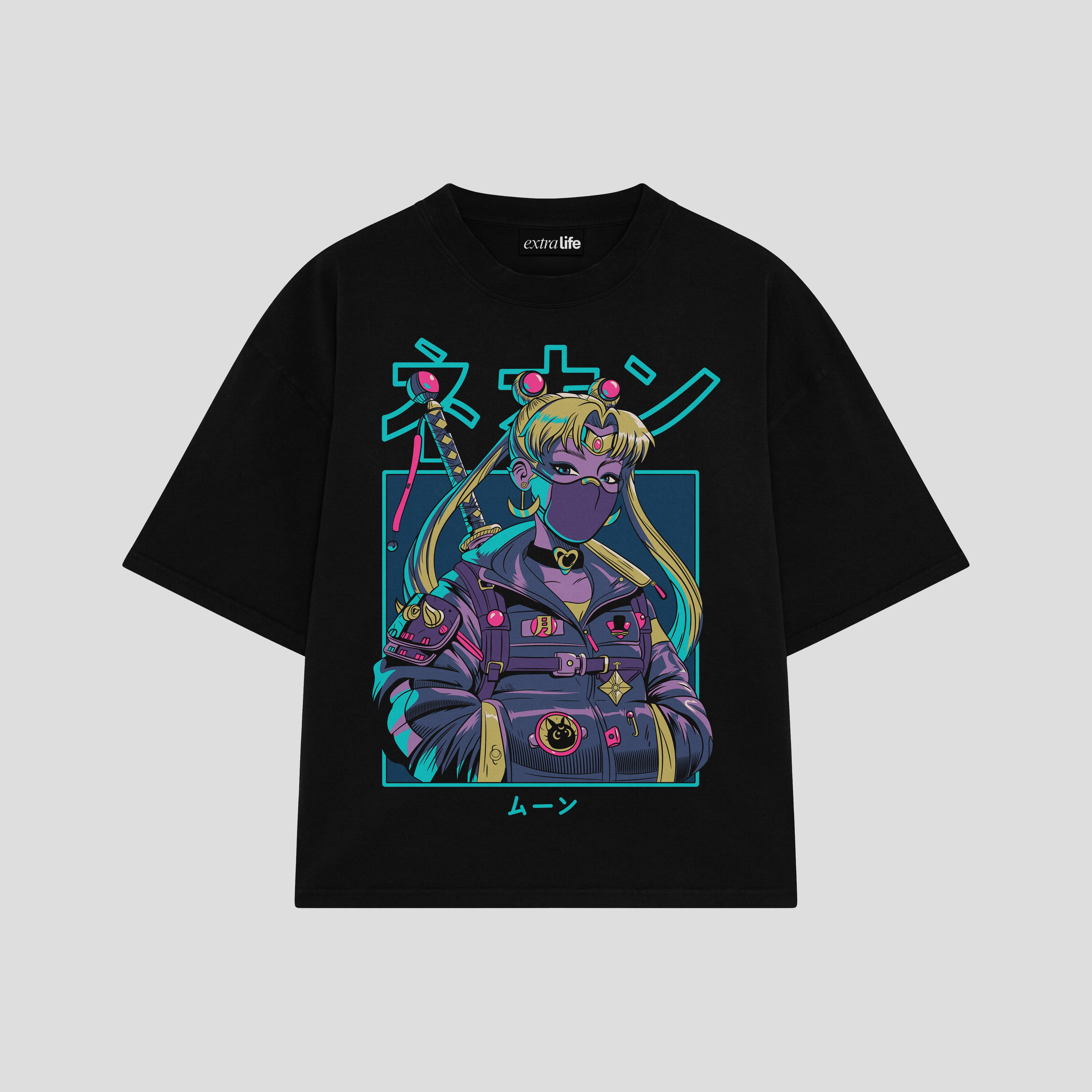Playera streetwear premium de anime y gaming ExtraLife MX, corte boxy oversized drop shoulder heavyweight en color Deep Black y Off-White, moda urbana mexicana de culto.