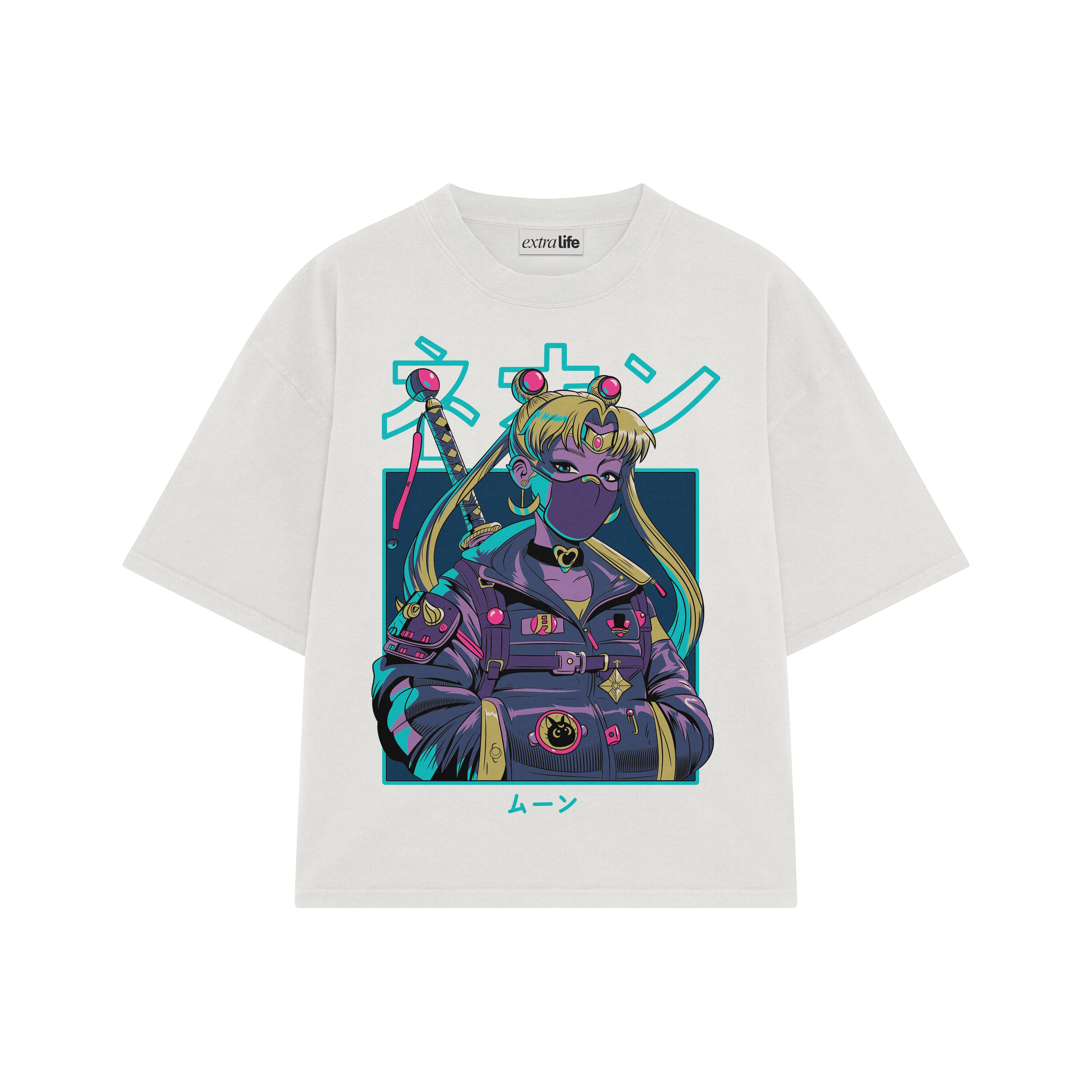 Playera streetwear premium de anime y gaming ExtraLife MX, corte boxy oversized drop shoulder heavyweight en color Deep Black y Off-White, moda urbana mexicana de culto.