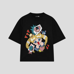 Playera streetwear premium de anime y gaming ExtraLife MX, corte boxy oversized drop shoulder heavyweight en color Deep Black y Off-White, moda urbana mexicana de culto.
