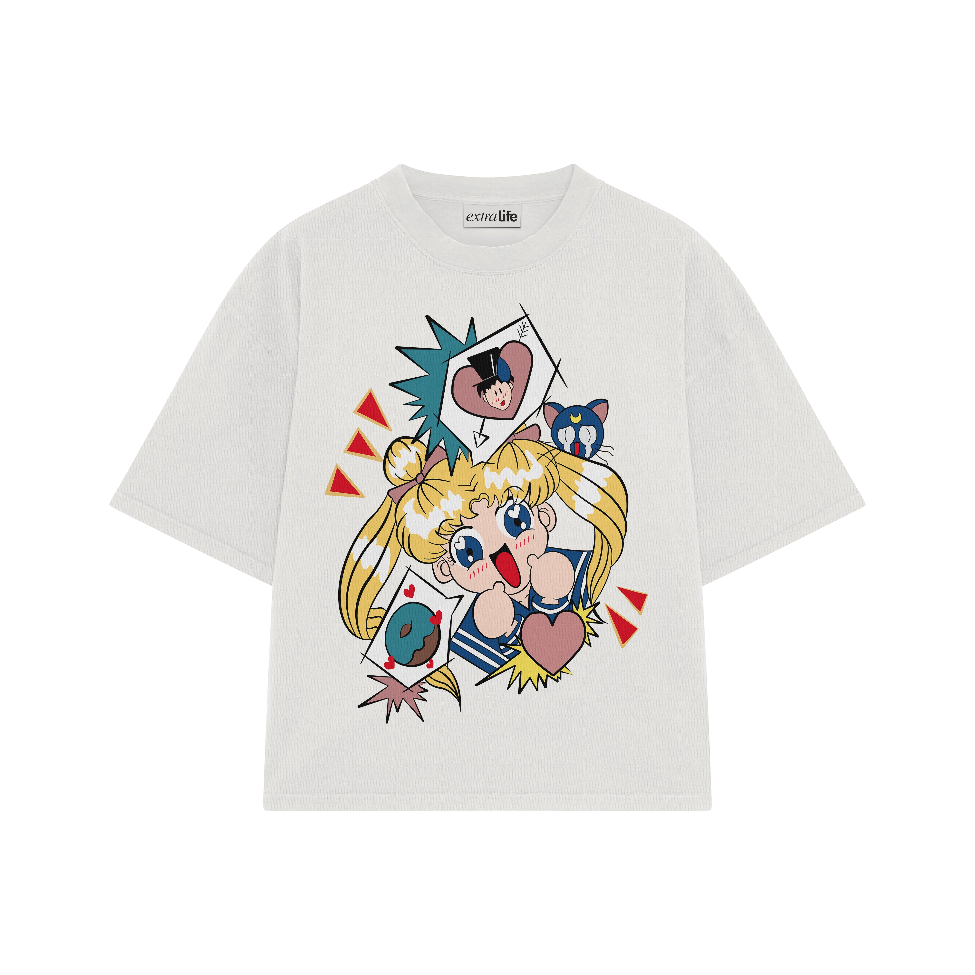 Playera streetwear premium de anime y gaming ExtraLife MX, corte boxy oversized drop shoulder heavyweight en color Deep Black y Off-White, moda urbana mexicana de culto.