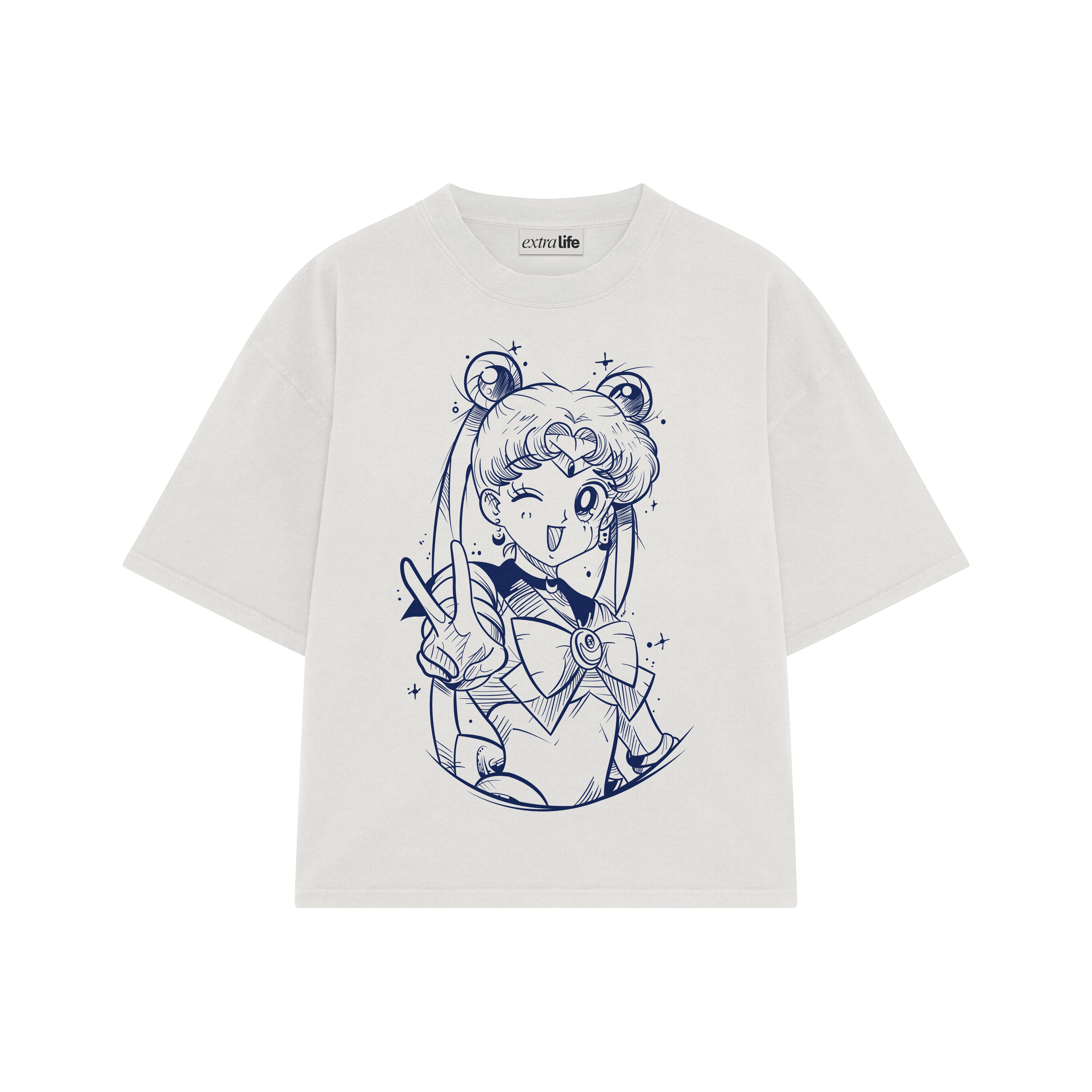 Playera streetwear premium de anime y gaming ExtraLife MX, corte boxy oversized drop shoulder heavyweight en color Deep Black y Off-White, moda urbana mexicana de culto.