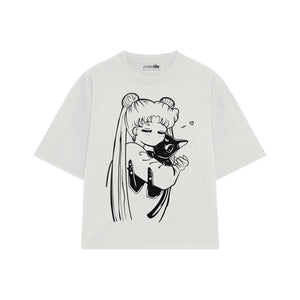 Playera streetwear premium de anime y gaming ExtraLife MX, corte boxy oversized drop shoulder heavyweight en color Deep Black y Off-White, moda urbana mexicana de culto.
