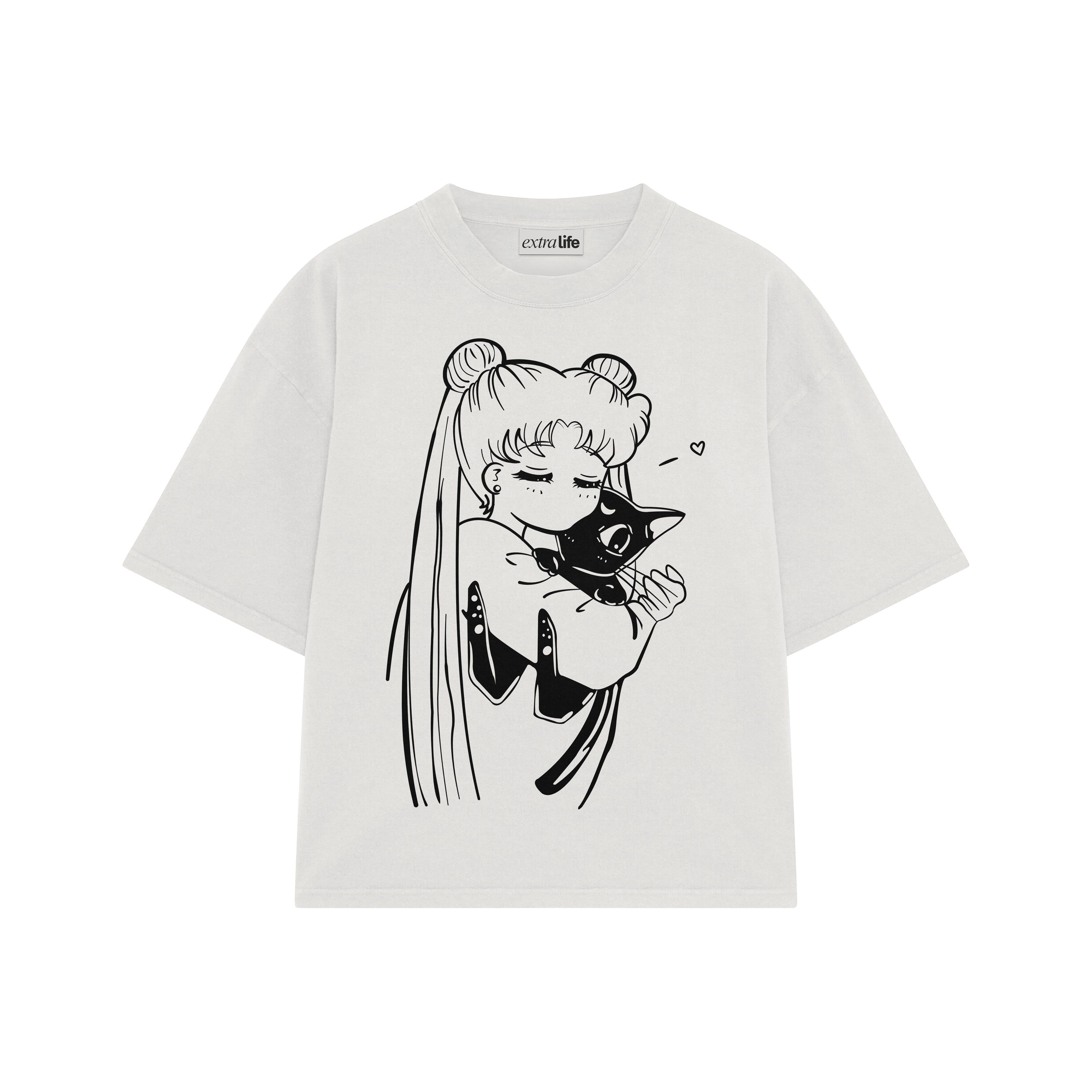 Playera streetwear premium de anime y gaming ExtraLife MX, corte boxy oversized drop shoulder heavyweight en color Deep Black y Off-White, moda urbana mexicana de culto.