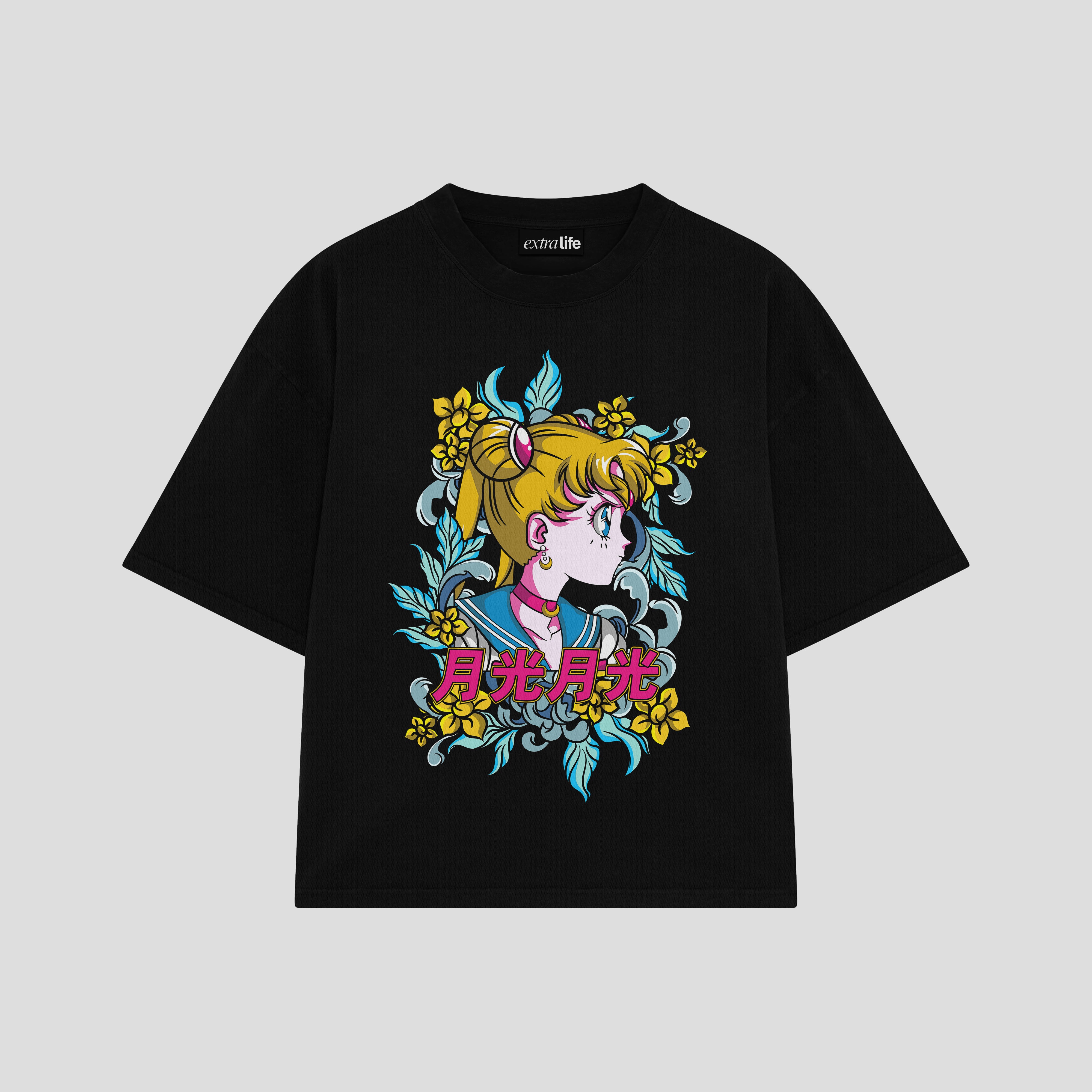 Playera streetwear premium de anime y gaming ExtraLife MX, corte boxy oversized drop shoulder heavyweight en color Deep Black y Off-White, moda urbana mexicana de culto.