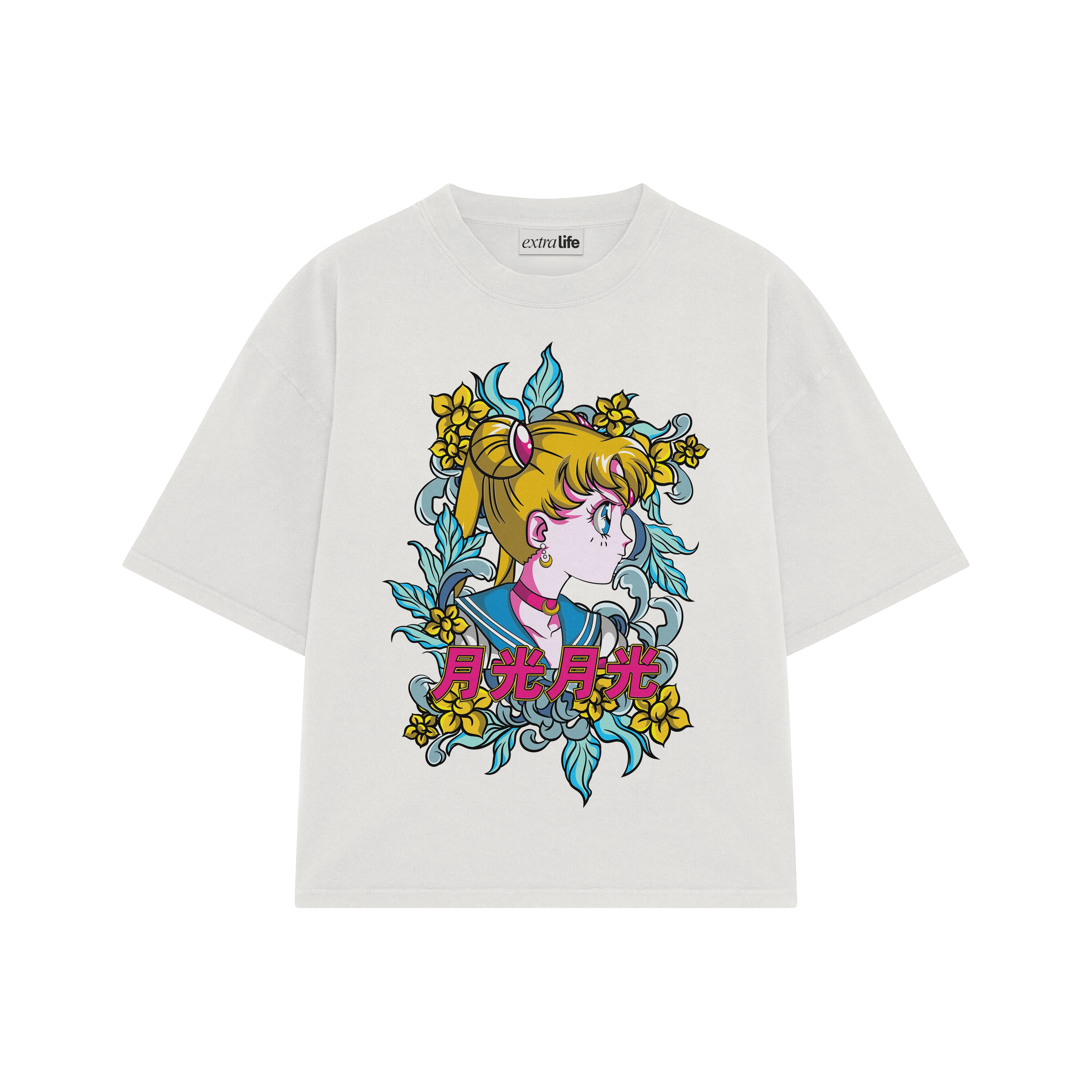 Playera streetwear premium de anime y gaming ExtraLife MX, corte boxy oversized drop shoulder heavyweight en color Deep Black y Off-White, moda urbana mexicana de culto.