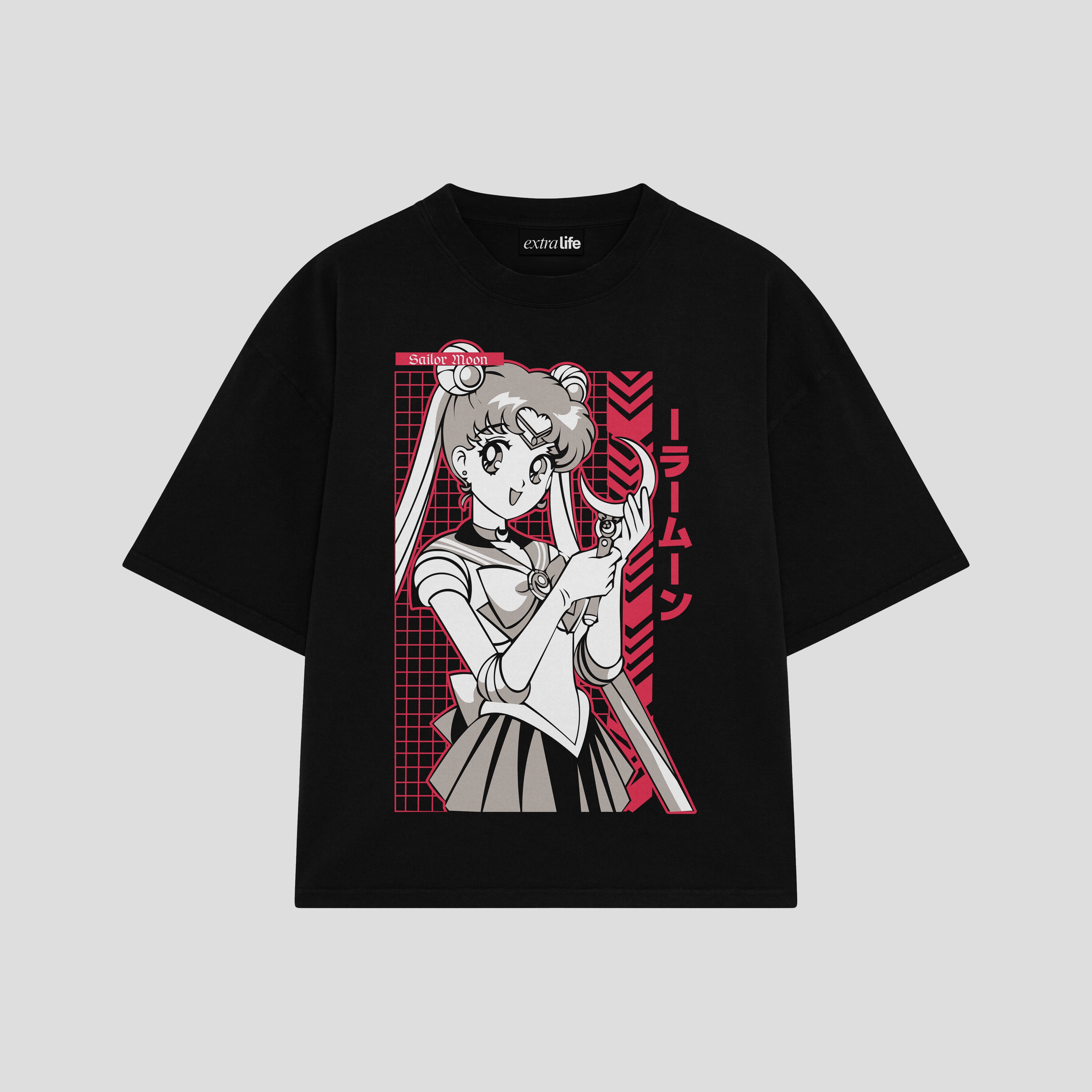 Playera streetwear premium de anime y gaming ExtraLife MX, corte boxy oversized drop shoulder heavyweight en color Deep Black y Off-White, moda urbana mexicana de culto.