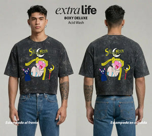 Playera streetwear premium de anime y gaming ExtraLife MX, corte boxy deluxe mineral wash heavyweight en color Acid Wash, moda urbana mexicana de culto.
