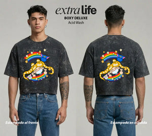 Playera streetwear premium de anime y gaming ExtraLife MX, corte boxy deluxe mineral wash heavyweight en color Acid Wash, moda urbana mexicana de culto.