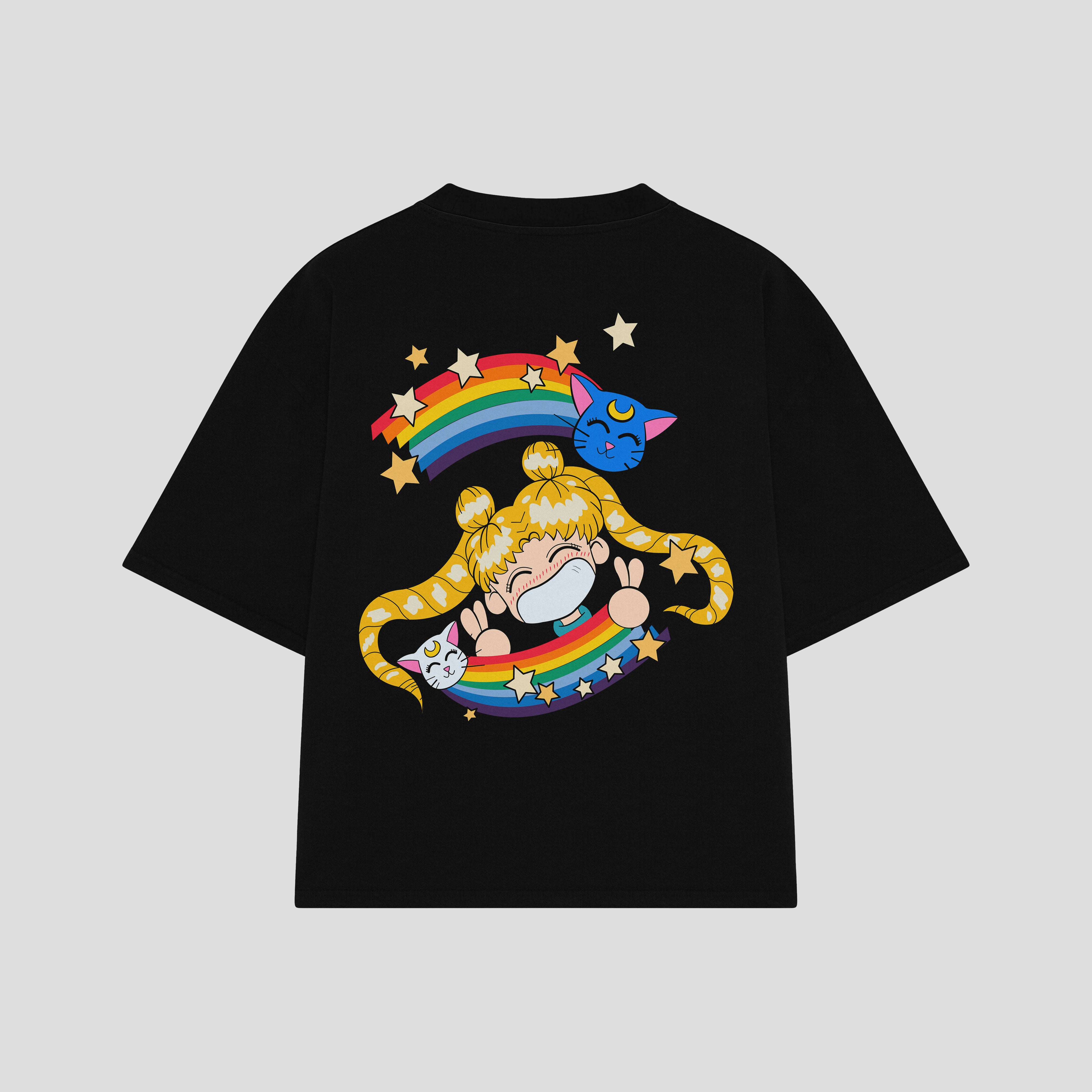 Playera streetwear premium de anime y gaming ExtraLife MX, corte boxy oversized drop shoulder heavyweight en color Deep Black y Off-White, moda urbana mexicana de culto.