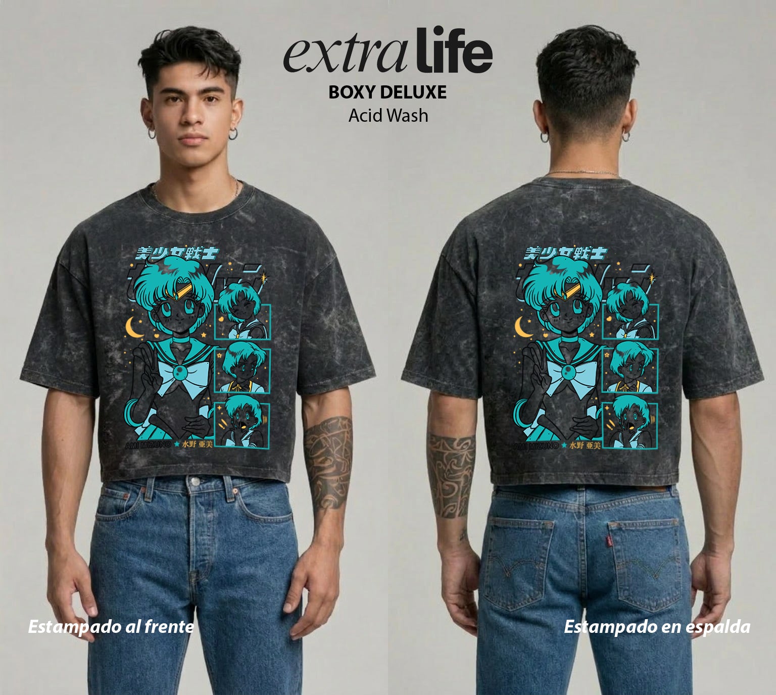 Playera streetwear premium de anime y gaming ExtraLife MX, corte boxy deluxe mineral wash heavyweight en color Acid Wash, moda urbana mexicana de culto.