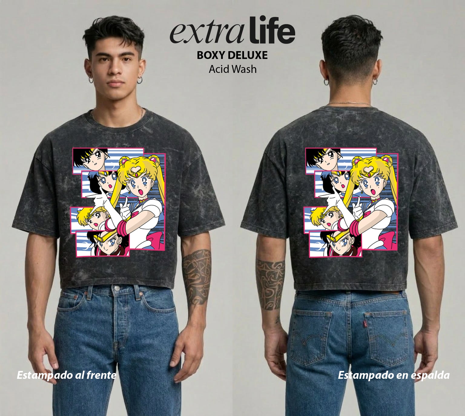 Playera streetwear premium de anime y gaming ExtraLife MX, corte boxy deluxe mineral wash heavyweight en color Acid Wash, moda urbana mexicana de culto.