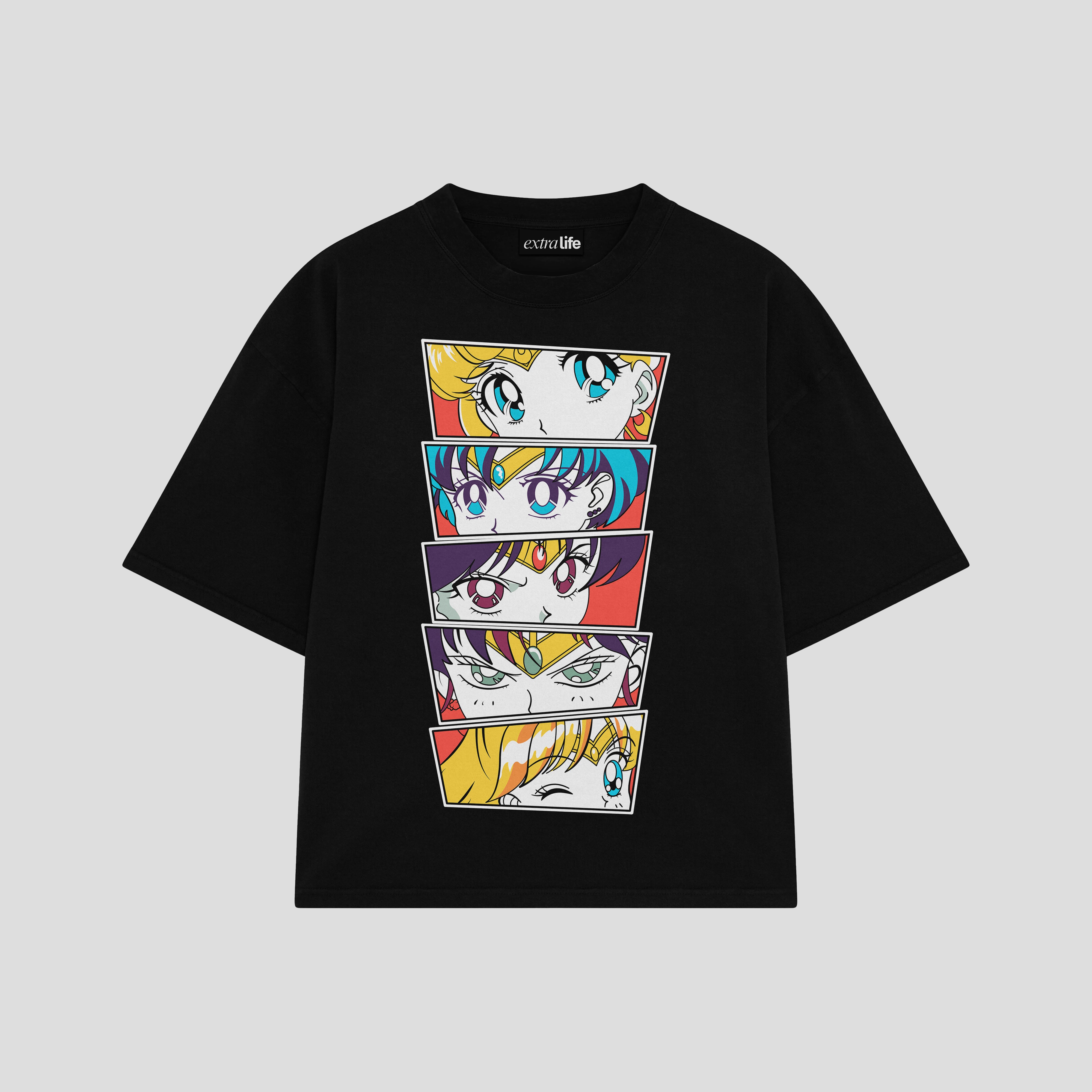 Playera streetwear premium de anime y gaming ExtraLife MX, corte boxy oversized drop shoulder heavyweight en color Deep Black y Off-White, moda urbana mexicana de culto.