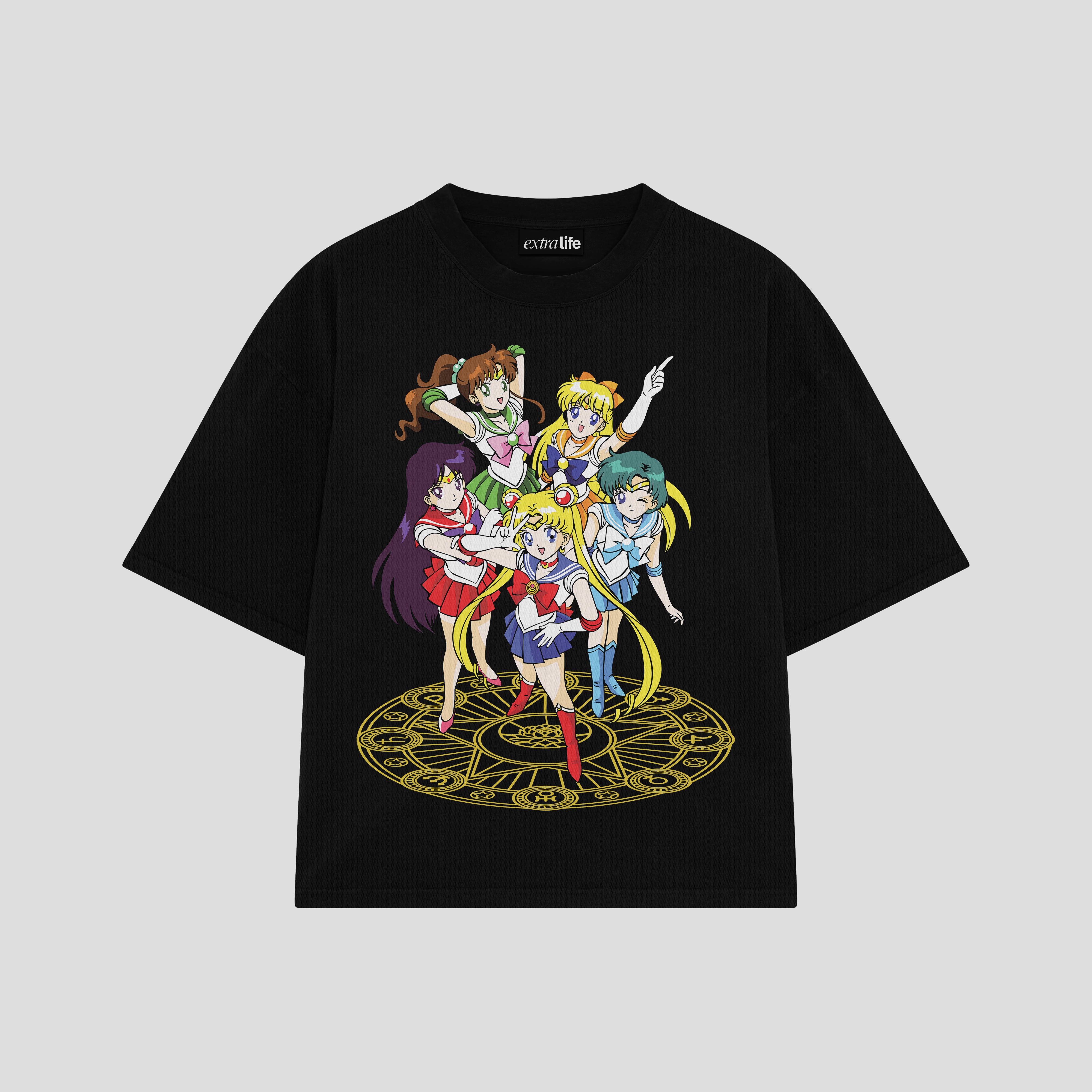 Playera streetwear premium de anime y gaming ExtraLife MX, corte boxy oversized drop shoulder heavyweight en color Deep Black y Off-White, moda urbana mexicana de culto.