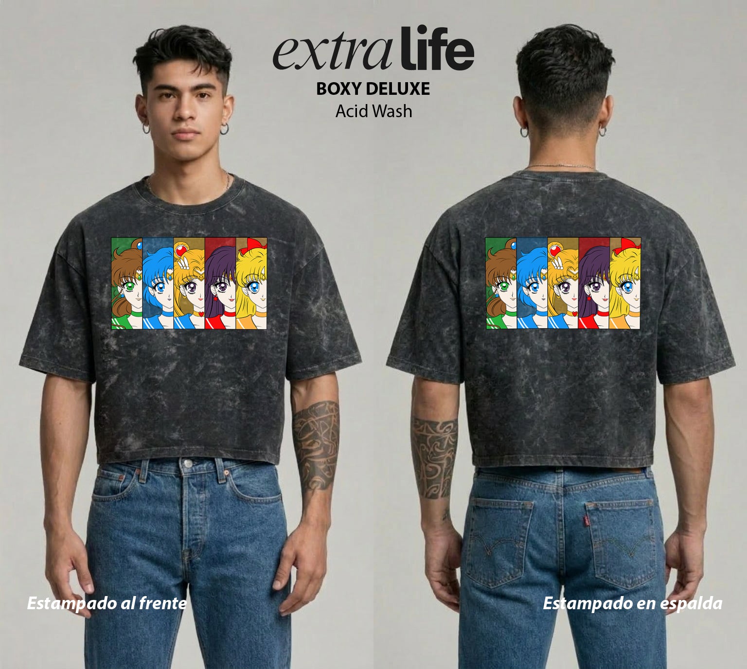Playera streetwear premium de anime y gaming ExtraLife MX, corte boxy deluxe mineral wash heavyweight en color Acid Wash, moda urbana mexicana de culto.