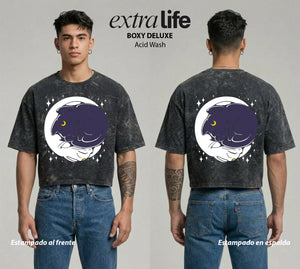 Playera streetwear premium de anime y gaming ExtraLife MX, corte boxy deluxe mineral wash heavyweight en color Acid Wash, moda urbana mexicana de culto.