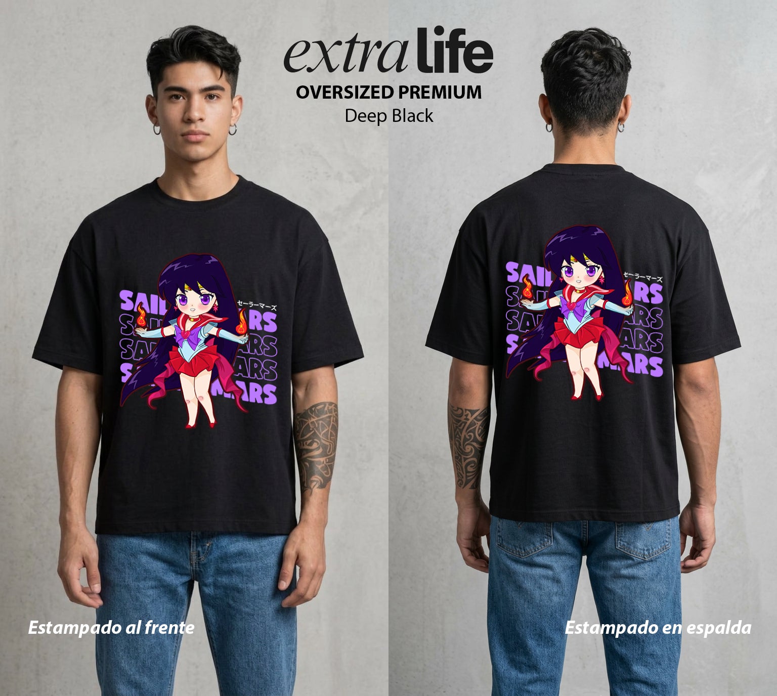 Las Guerreras del Cosmos | Chibi de Marte Chibi #03769 - Playera Oversized Premium | Deep Black - Foto en modelo