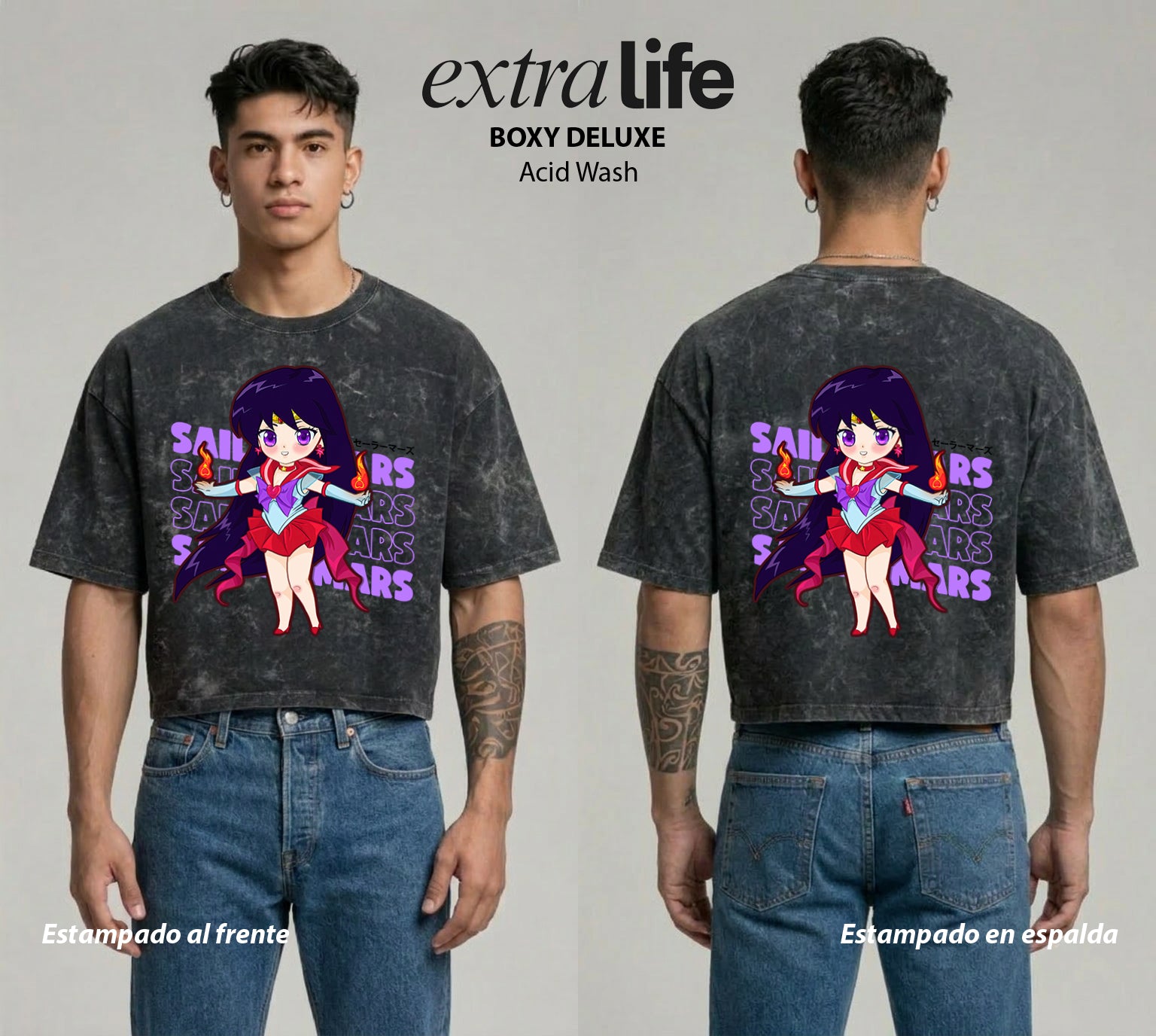 Playera streetwear premium de anime y gaming ExtraLife MX, corte boxy deluxe mineral wash heavyweight en color Acid Wash, moda urbana mexicana de culto.