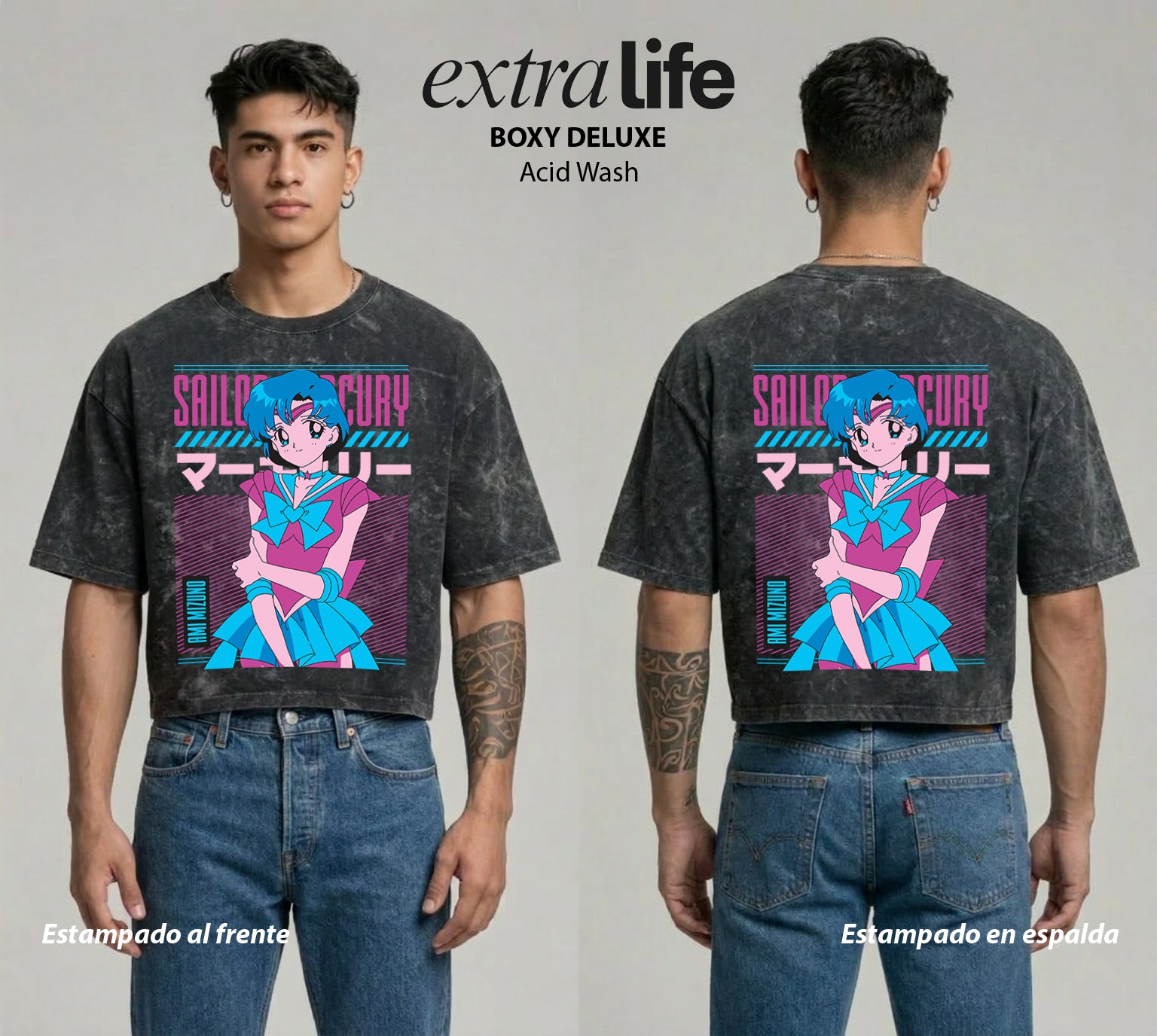 Playera streetwear premium de anime y gaming ExtraLife MX, corte boxy deluxe mineral wash heavyweight en color Acid Wash, moda urbana mexicana de culto.