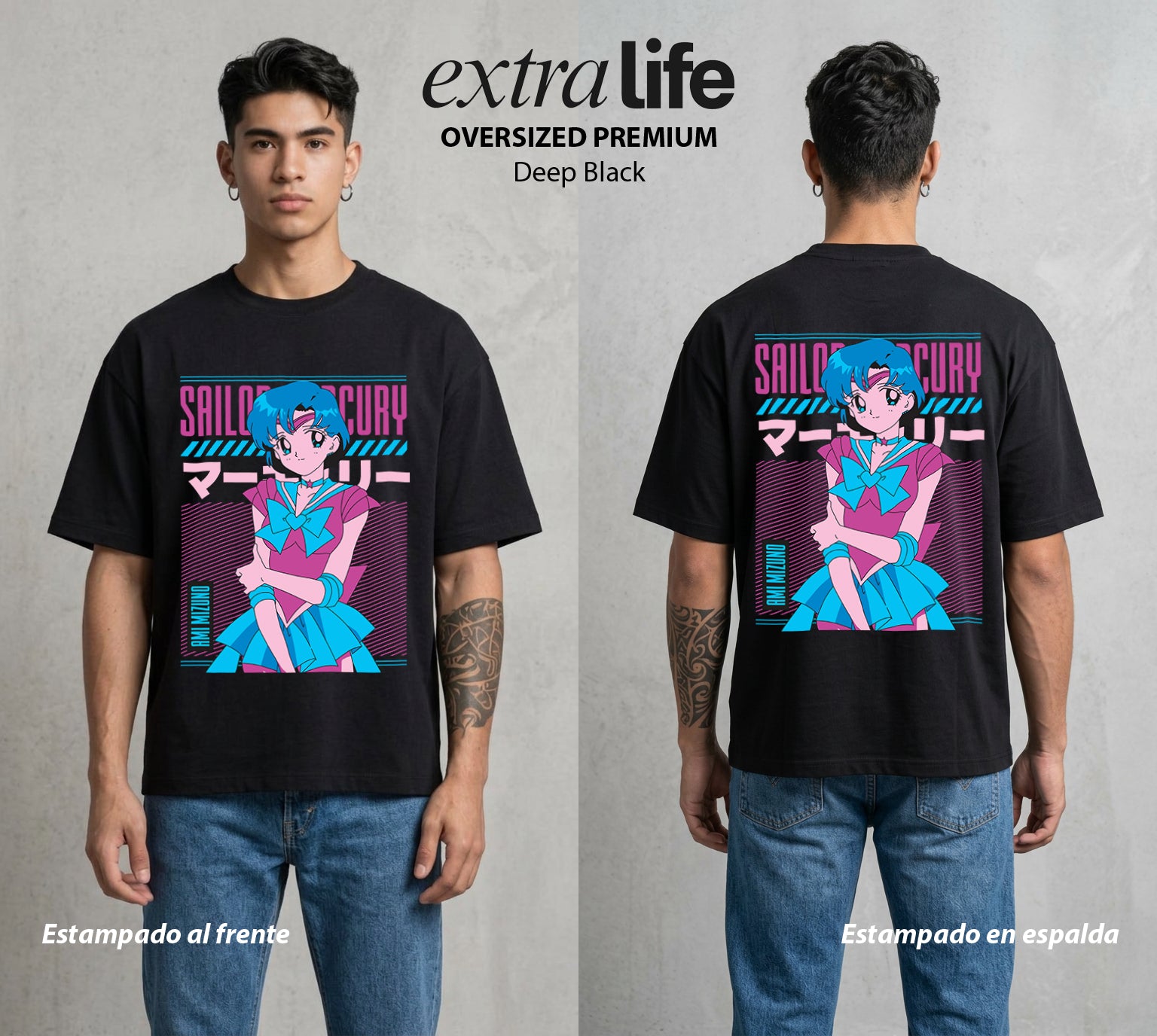 Las Guerreras del Cosmos | El Agua del Bien #03772 - Playera Oversized Premium | Deep Black - Foto en modelo