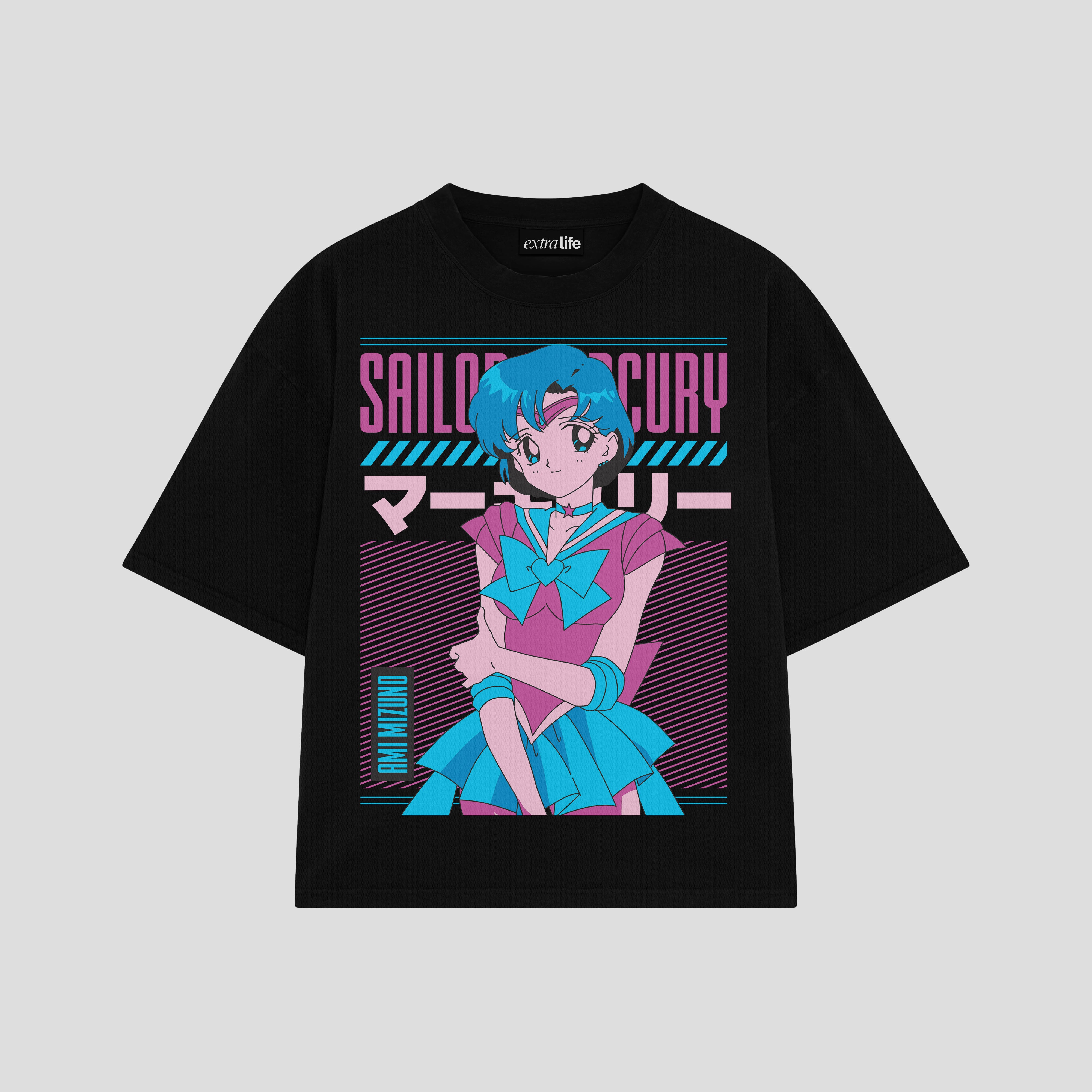 Playera streetwear premium de anime y gaming ExtraLife MX, corte boxy oversized drop shoulder heavyweight en color Deep Black y Off-White, moda urbana mexicana de culto.