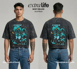 Playera streetwear premium de anime y gaming ExtraLife MX, corte boxy deluxe mineral wash heavyweight en color Acid Wash, moda urbana mexicana de culto.
