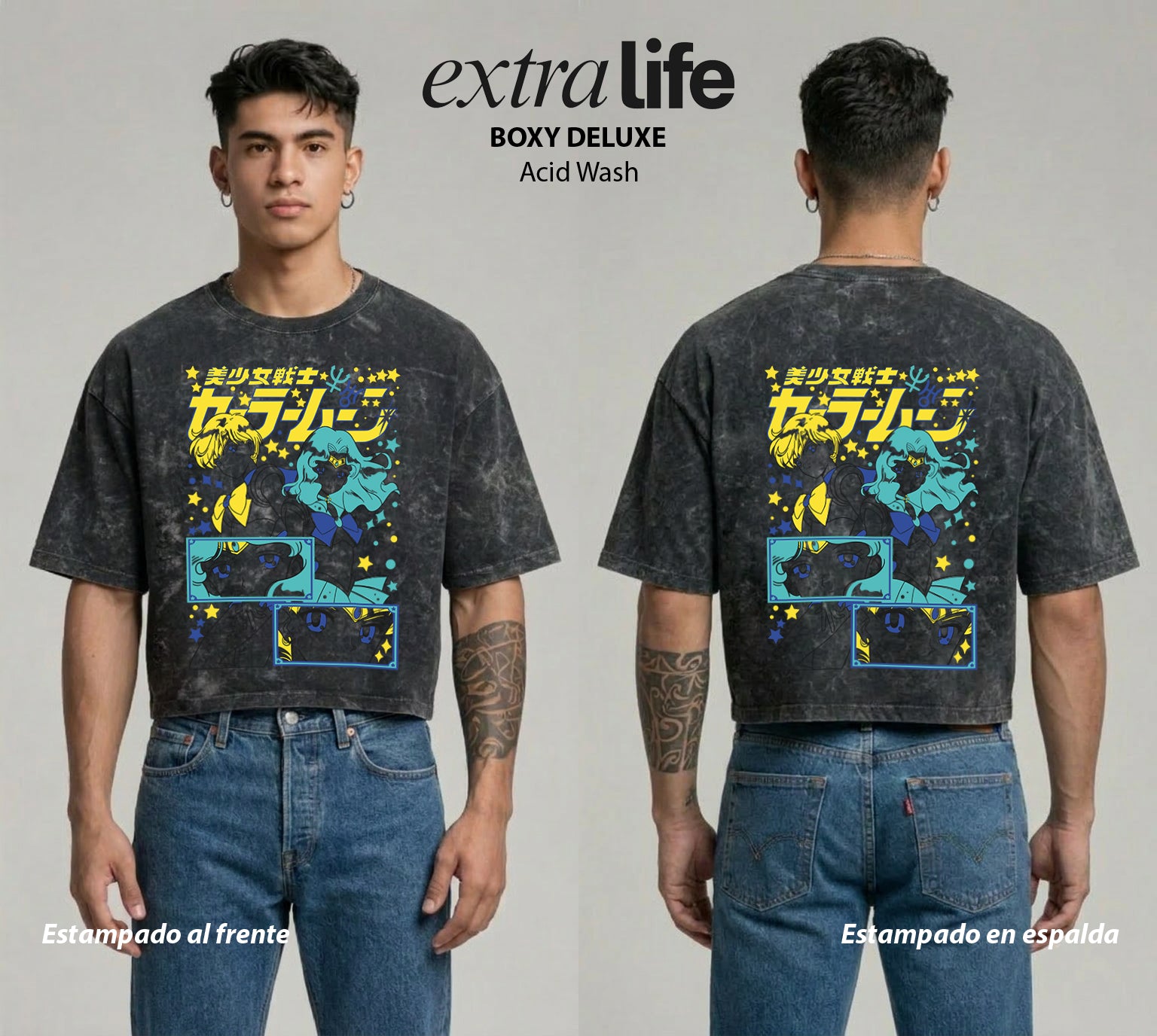 Playera streetwear premium de anime y gaming ExtraLife MX, corte boxy deluxe mineral wash heavyweight en color Acid Wash, moda urbana mexicana de culto.
