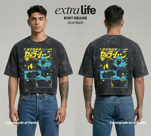 Playera streetwear premium de anime y gaming ExtraLife MX, corte boxy deluxe mineral wash heavyweight en color Acid Wash, moda urbana mexicana de culto.