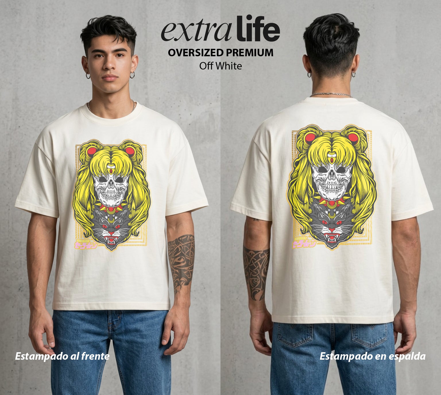 Las Guerreras del Cosmos | La Calavera de la Luna Calavera #03779 - Playera Oversized Premium | Off White - Foto en modelo