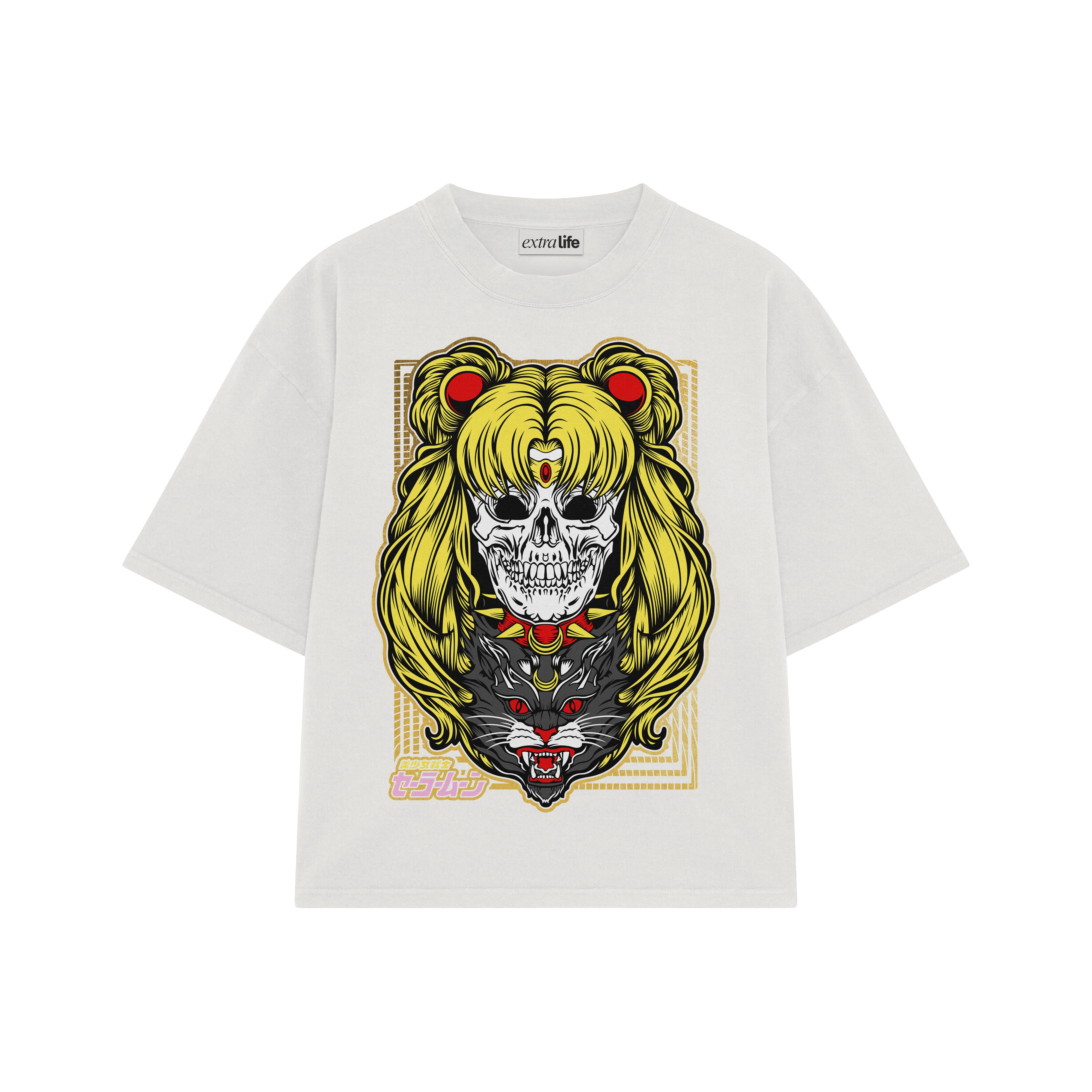 Playera streetwear premium de anime y gaming ExtraLife MX, corte boxy oversized drop shoulder heavyweight en color Deep Black y Off-White, moda urbana mexicana de culto.