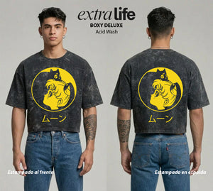 Playera streetwear premium de anime y gaming ExtraLife MX, corte boxy deluxe mineral wash heavyweight en color Acid Wash, moda urbana mexicana de culto.