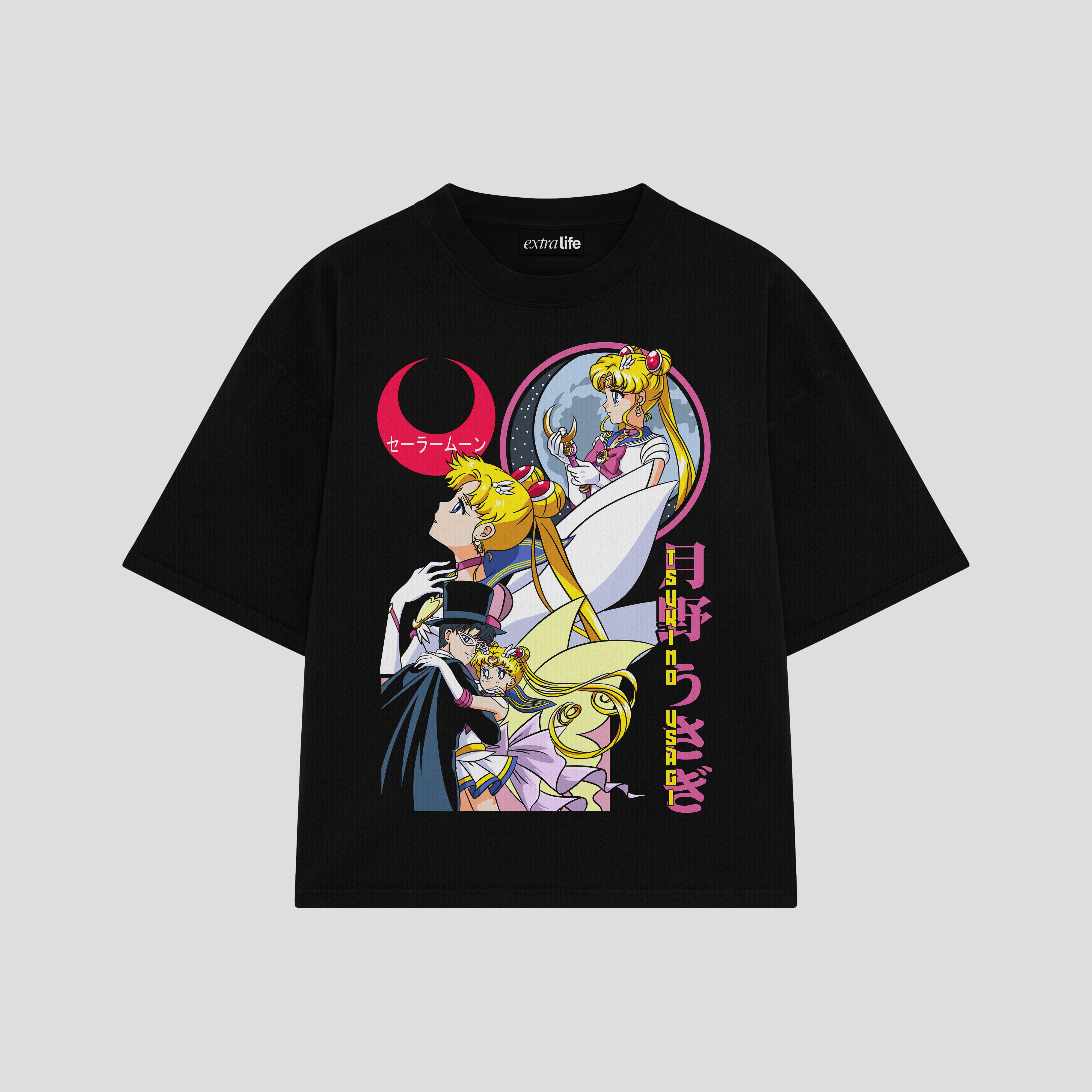 Playera streetwear premium de anime y gaming ExtraLife MX, corte boxy oversized drop shoulder heavyweight en color Deep Black y Off-White, moda urbana mexicana de culto.
