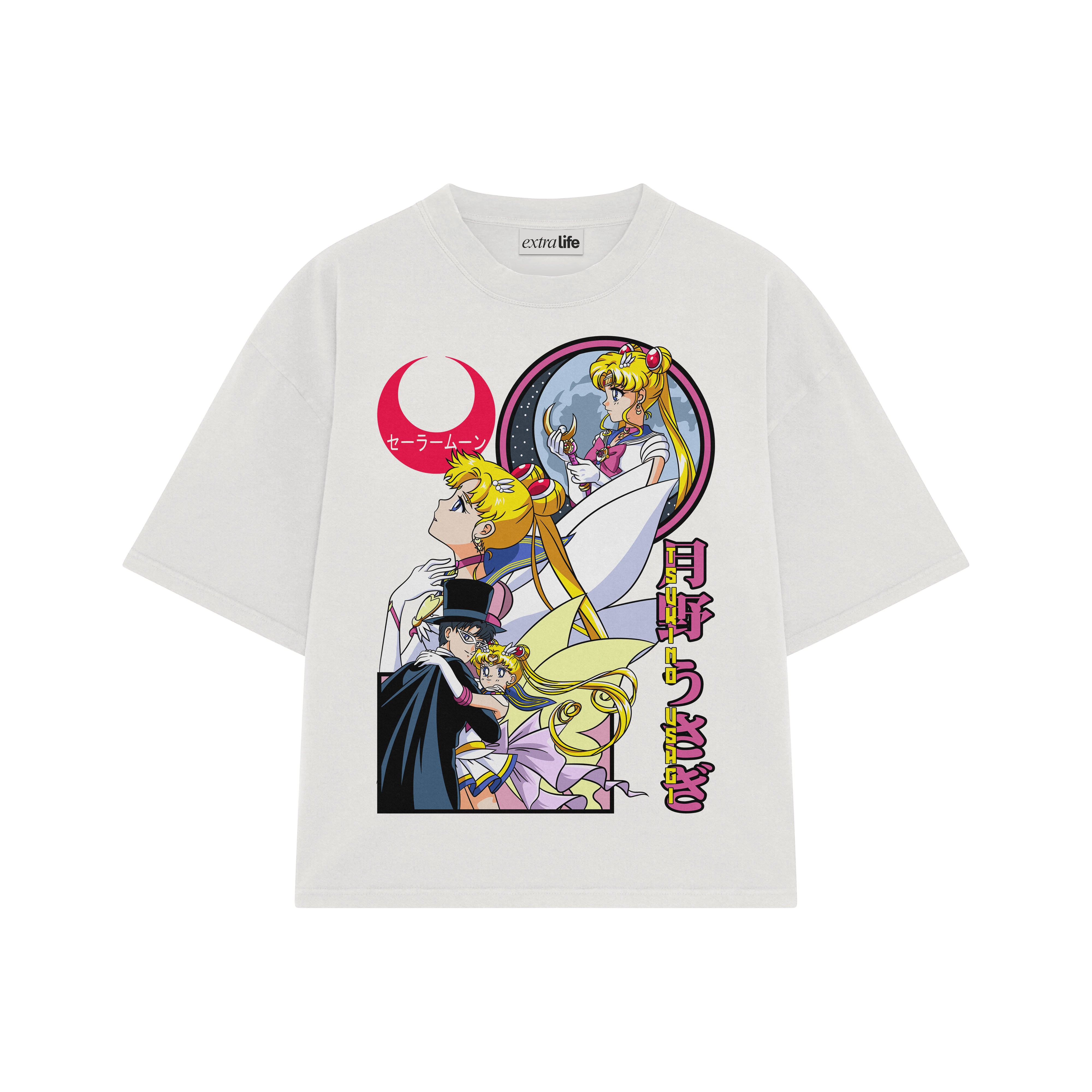 Playera streetwear premium de anime y gaming ExtraLife MX, corte boxy oversized drop shoulder heavyweight en color Deep Black y Off-White, moda urbana mexicana de culto.