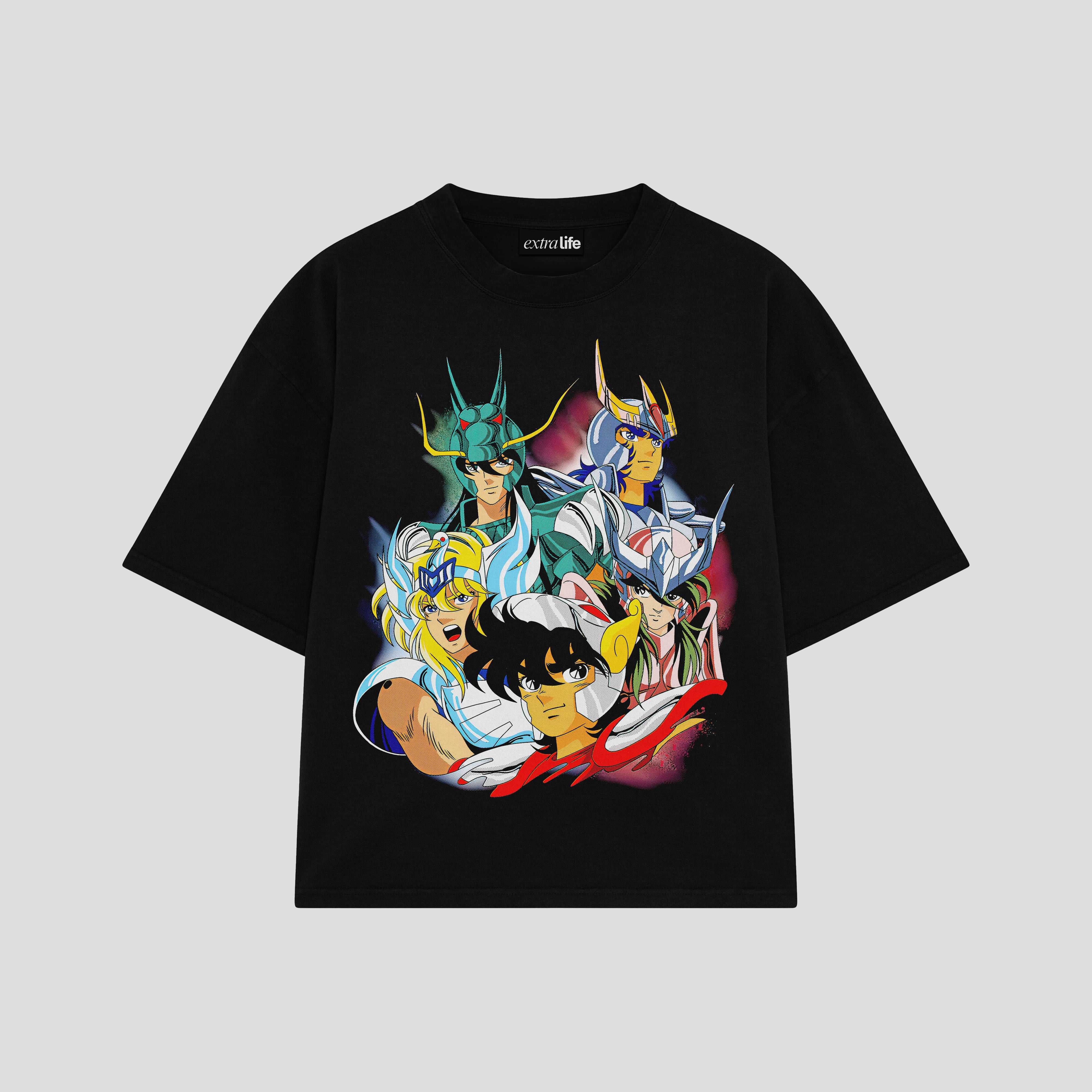 Playera streetwear premium de anime y gaming ExtraLife MX, corte boxy oversized drop shoulder heavyweight en color Deep Black y Off-White, moda urbana mexicana de culto.