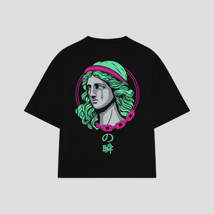 Playera streetwear premium de anime y gaming ExtraLife MX, corte boxy oversized drop shoulder heavyweight en color Deep Black y Off-White, moda urbana mexicana de culto.