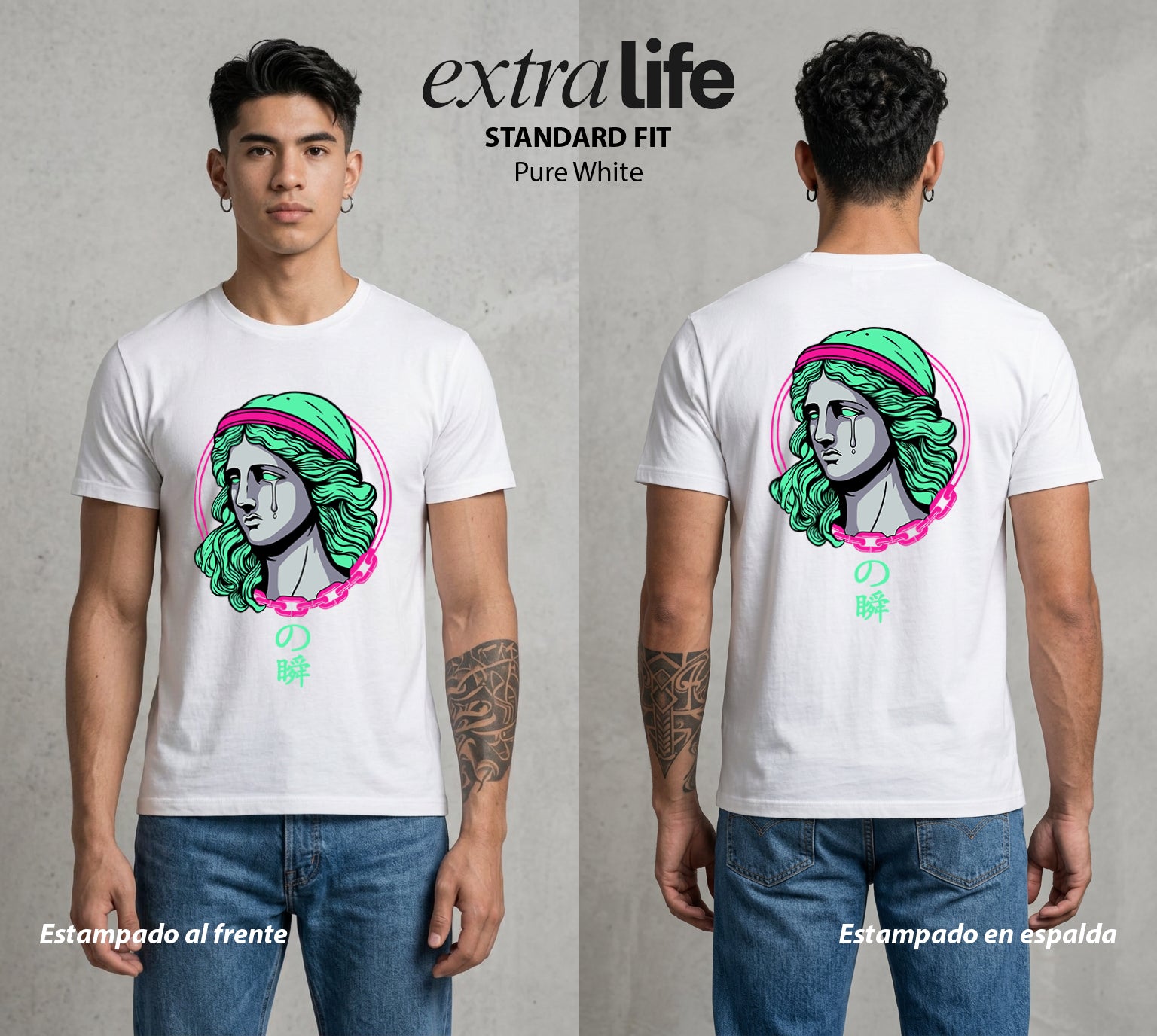 Los Caballeros del Cosmos | Las Cadenas del Bien #03788 - Playera Standard Fit | Pure White - Foto en modelo
